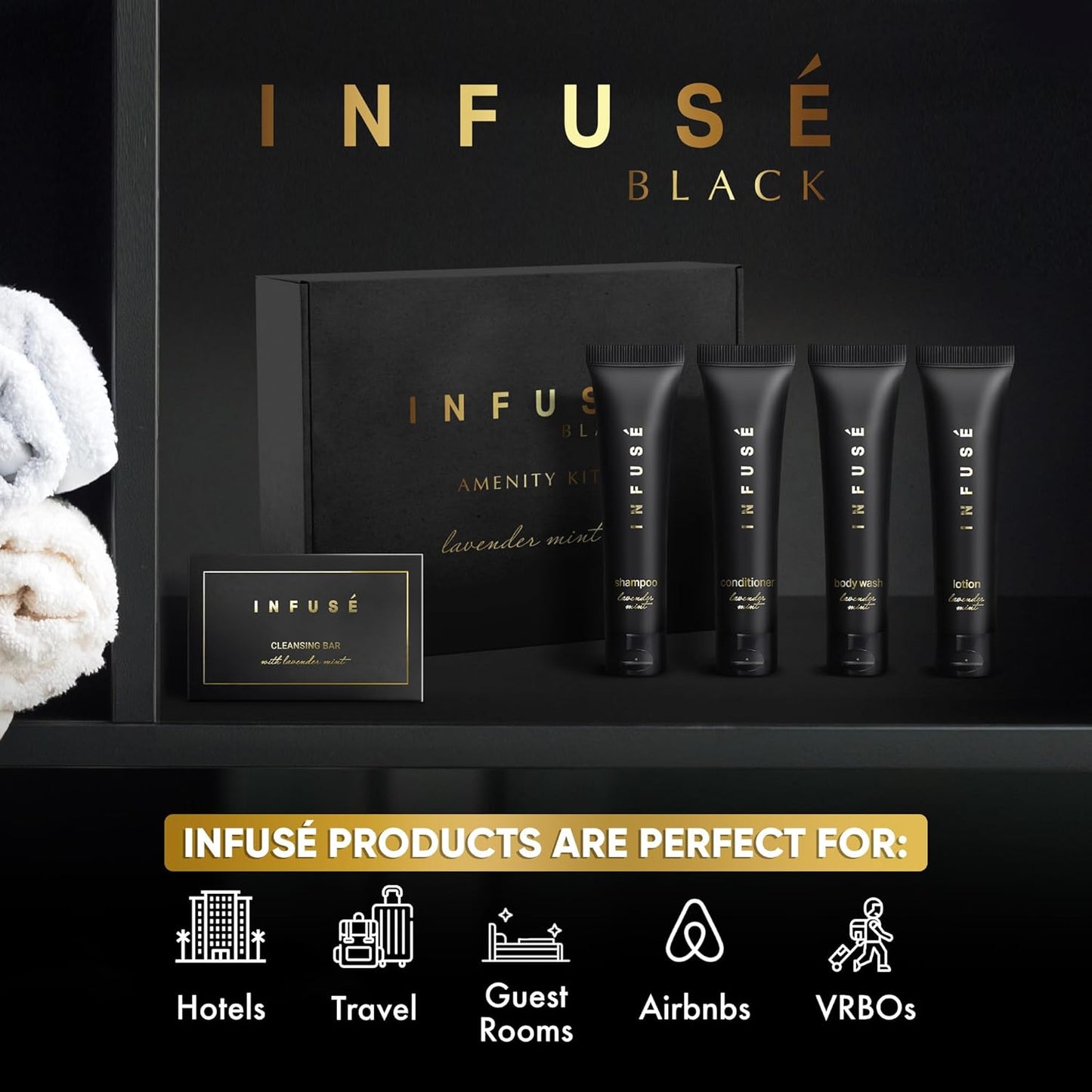 Infuse Black Amenity Kit | Boxed Hotel Toiletries | Bulk Set 1 oz Travel Size Shampoo, Conditioner, Lotion, Body Wash & Cleansing Bar for Guest Hospitality AirBnB/Vacation Rentals | 300 Pieces