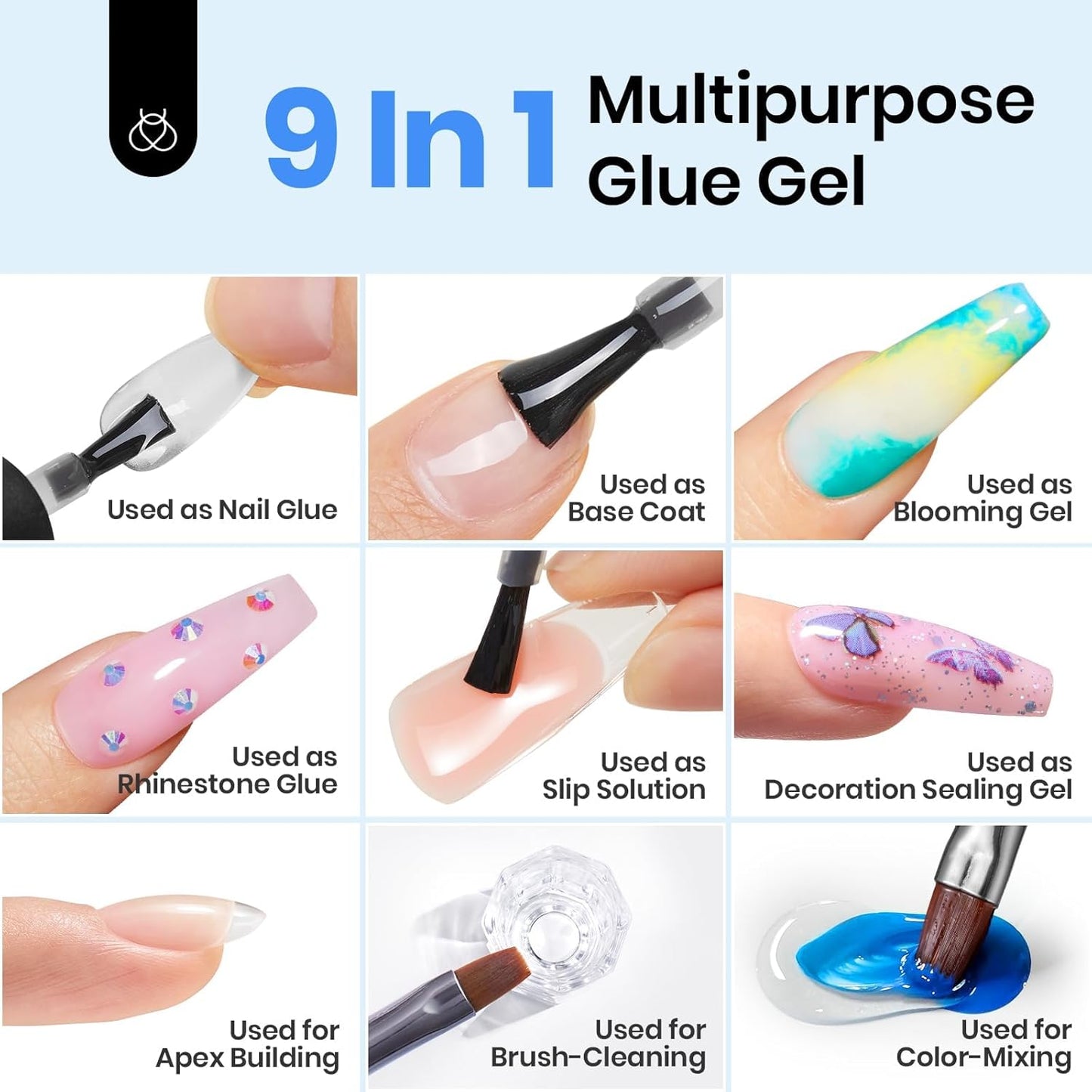 beetles Gel Polish 9 in 1 Gel Nail Glue for Clear Acrylic Nails Tips, Long Lasting Super Strong Brush Nail Glue for Fake Nails, Base Blooming Nail Gel, New Safe Formula, U V Light Cure