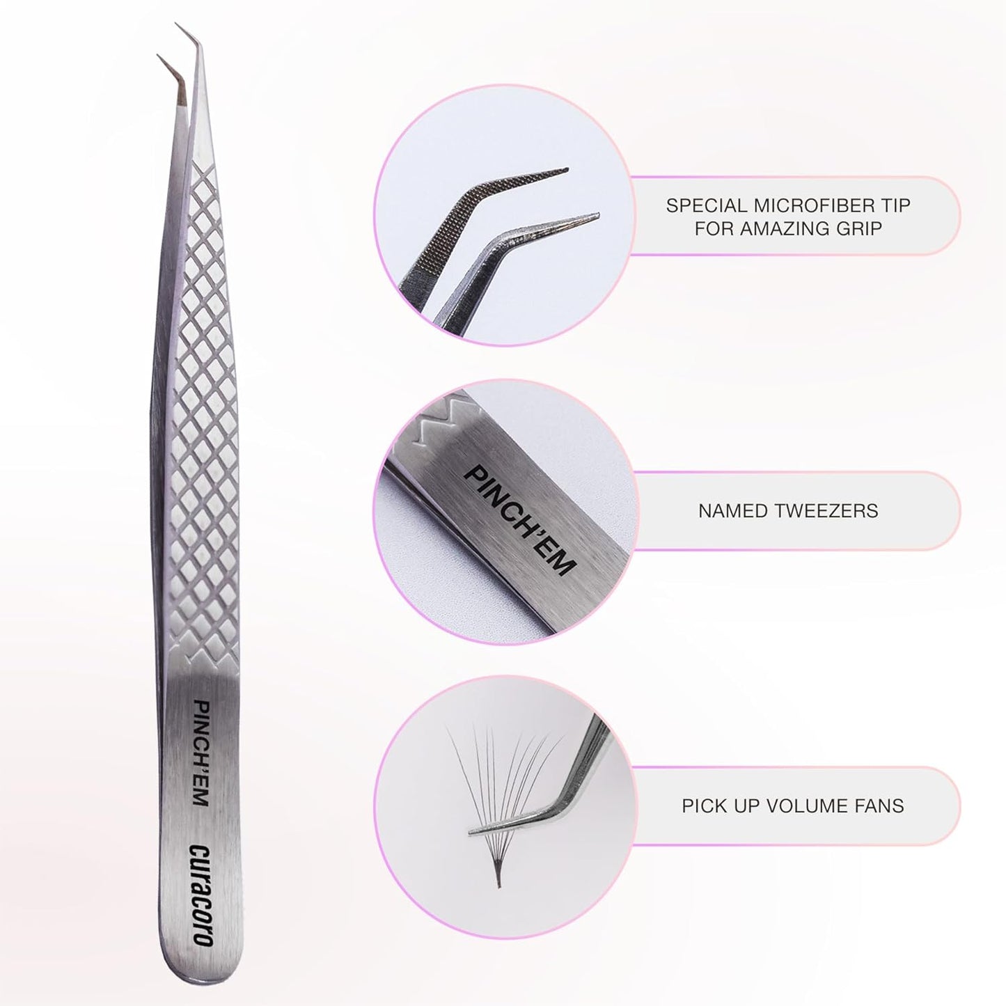 Curacoro Lash Tweezer - Professional & Precision Fiber Tip Grip Lash Tweezers for Eyelash Extensions, Multi Shapes & Purposes Tweezers for Volume, Isolation & Classic Lashes (Silver, Pinch'em)