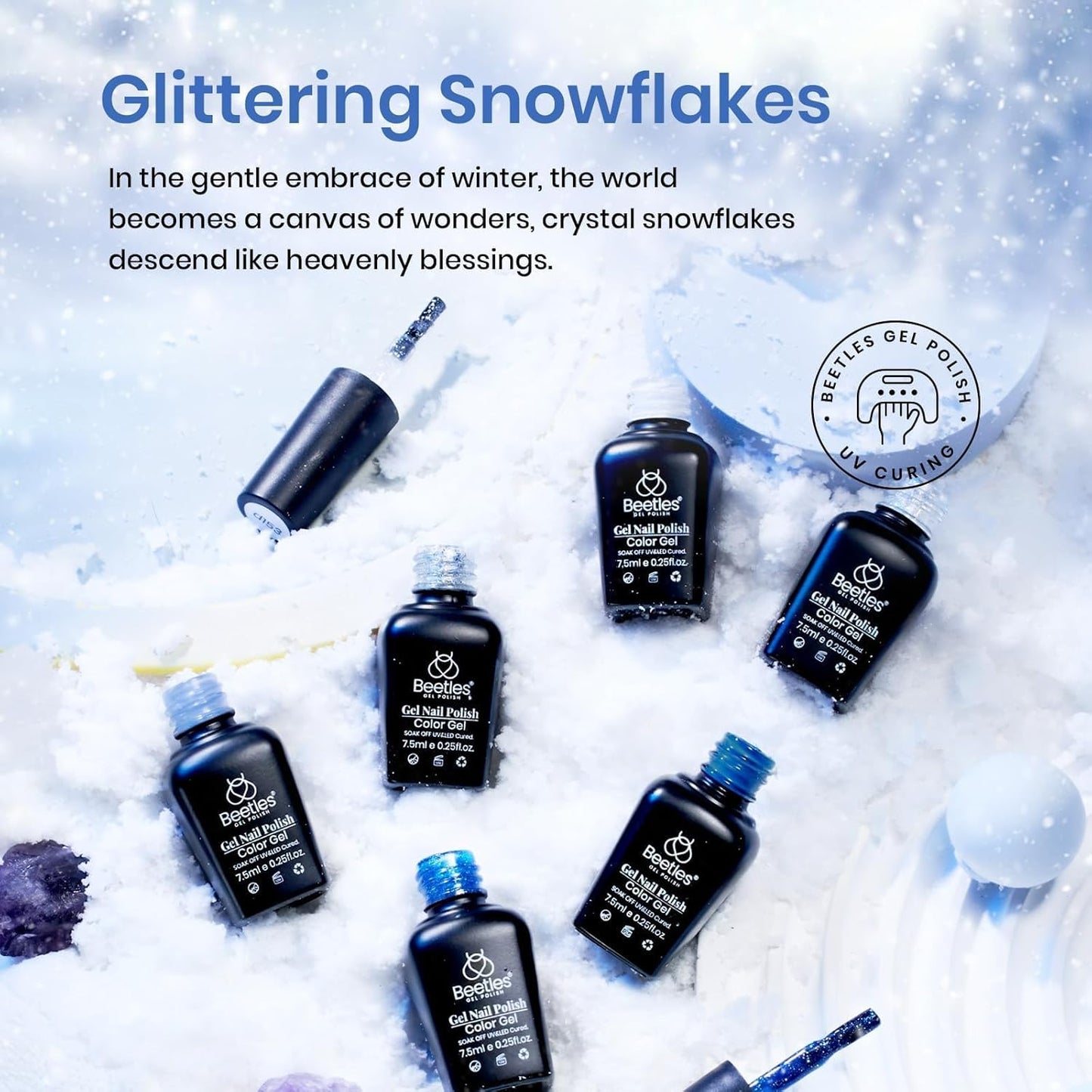 Beetles Blue Gel Polish Set, Glitter Snowflakes Collection Christmas Polish Set, White Glitter Navy Blue Silver Nails Color Gel Soak off UV LED Lamp Gift for Christmas