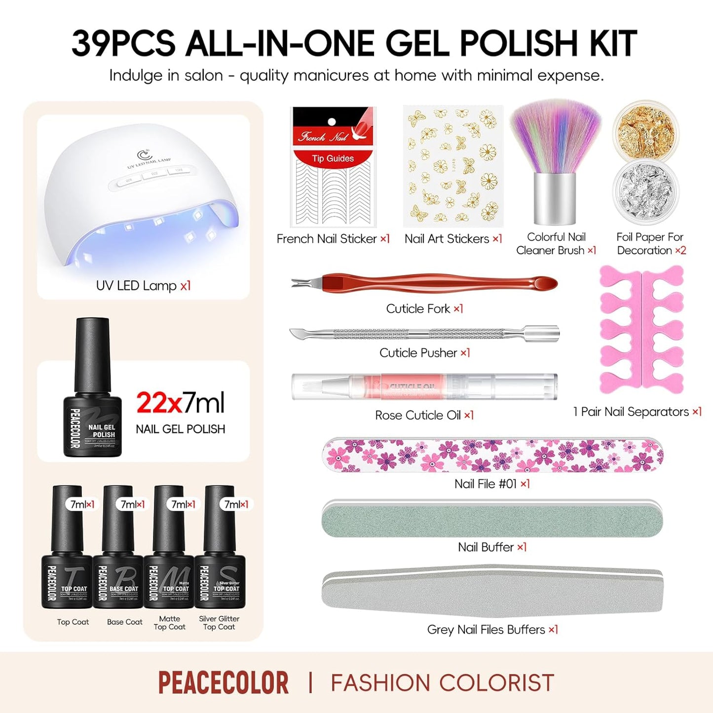Peacecolor 39pc Gel Nail Polish Kit, Pink Milky White Orange All Seasons Pastel Gel Nail Kit with Nail Lamp Glossy Matte Top Base Coat Essential Manicure Tools Nails Art DIY