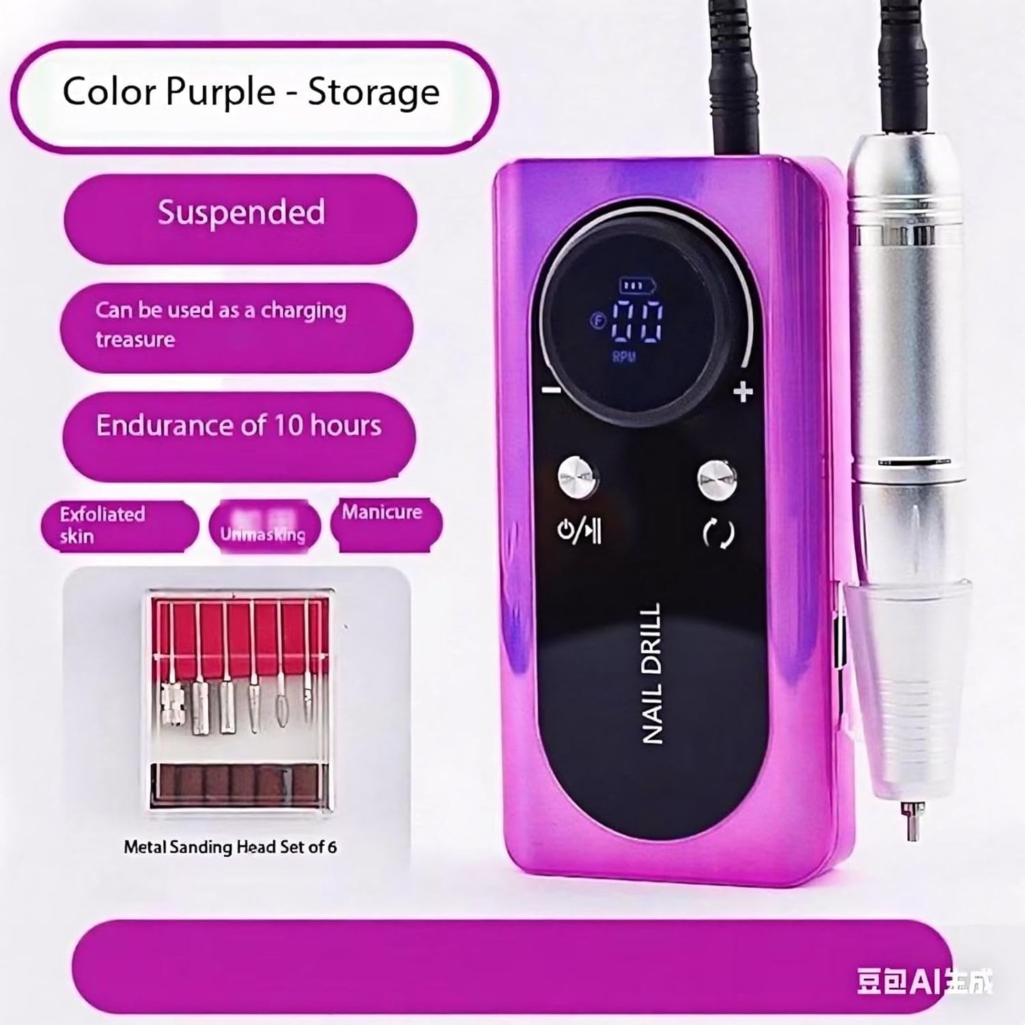 Nail Drill, Professional Cordless Nail Drill, 45,000 RPM Manicure Machine for Women Buffing and Polishing Nail Tool Set with LCD Display for Home DIY Salon Manicure, Purple