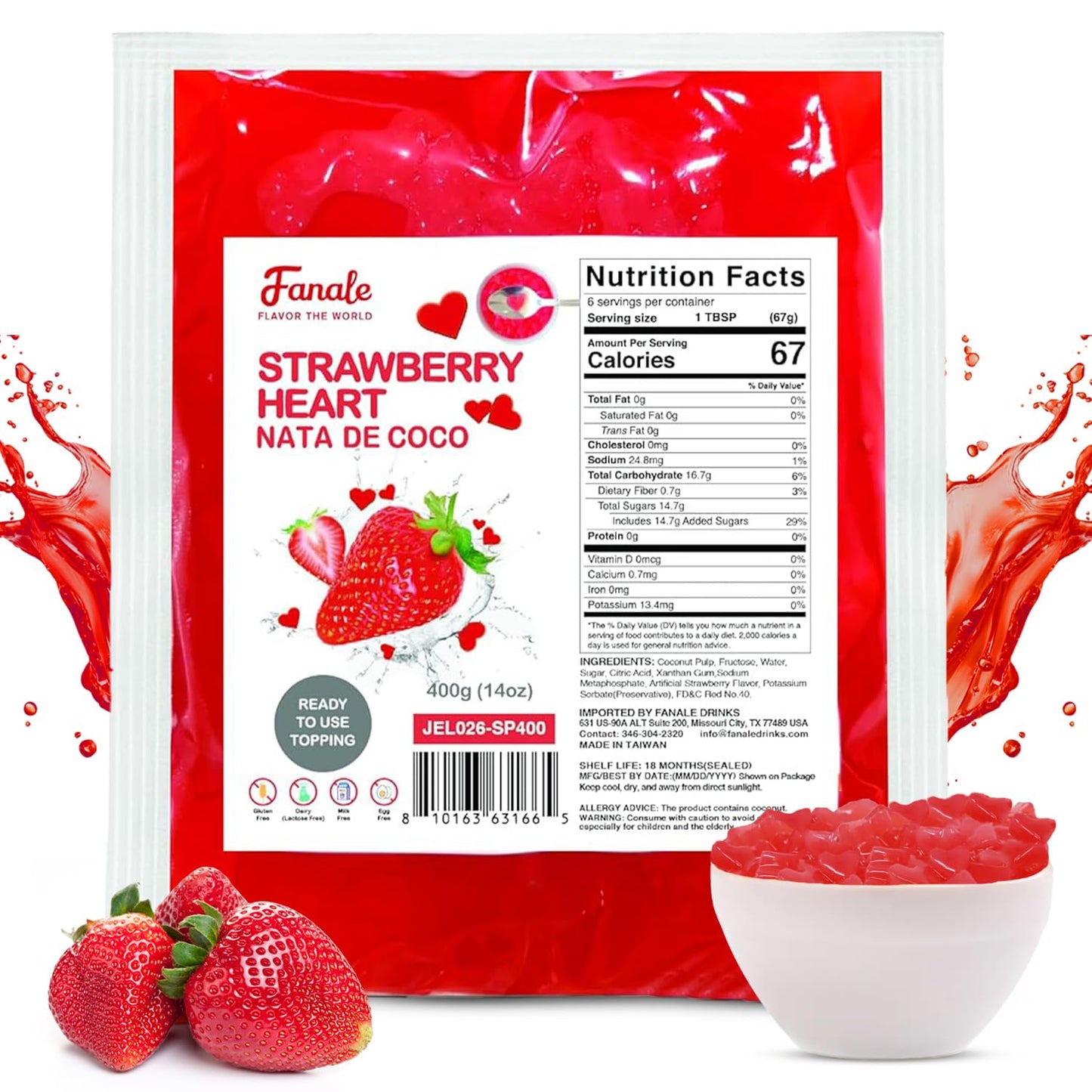 Fanale Coconut Jelly Topping nata de coco for Bubble Tea | Strawberry Heart Jelly Topping for Boba Tea, Smoothies, Slushes, Desserts 400g(Pack of 1)
