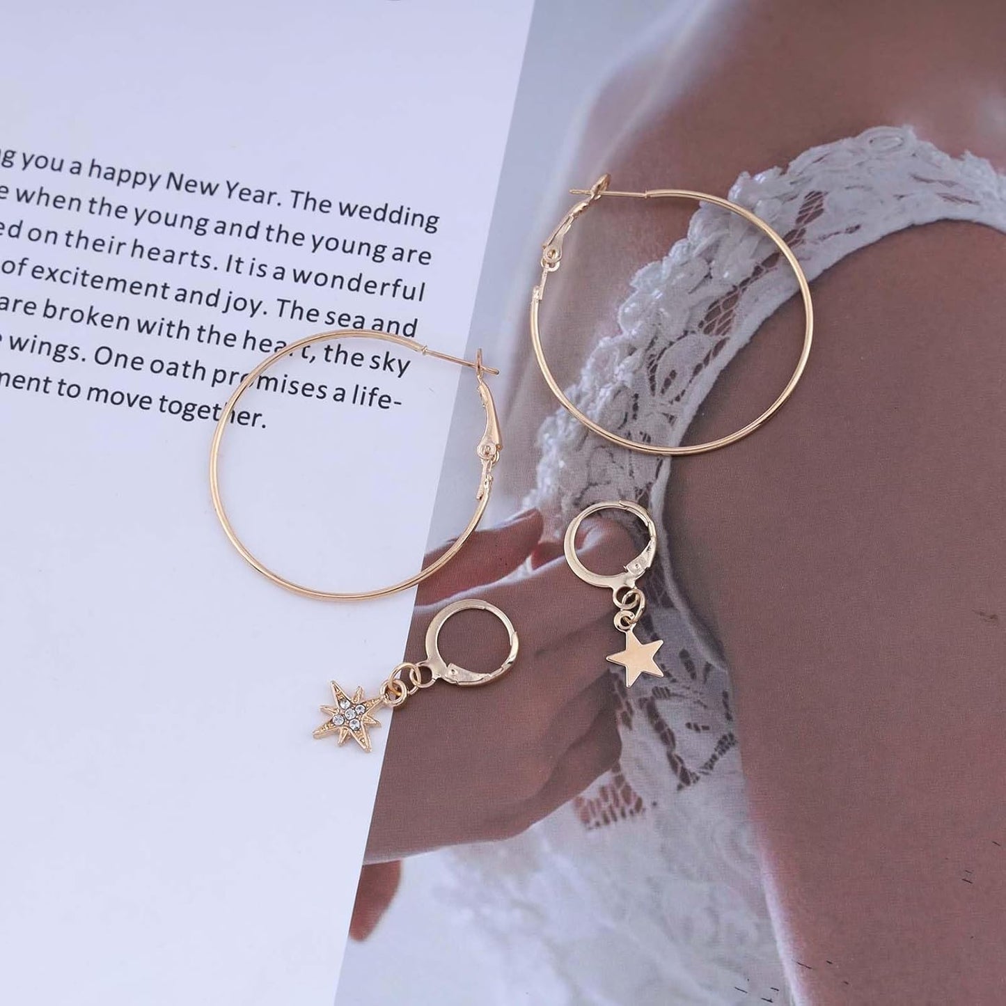 Vintage Exaggerated Circle Dangle Earrings Crystal Star Hoop Earrings Gold Hollow Large Hoop Earrings Circle Star Drop Earrings Jewelry for Women