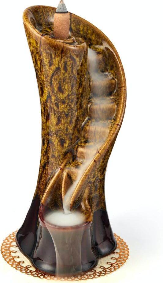 Unique Cloud Stairs Ceramic Waterfall Incense Holder, Paired with a Pack of Backflow Incense Cones. (Fambe Yellow)