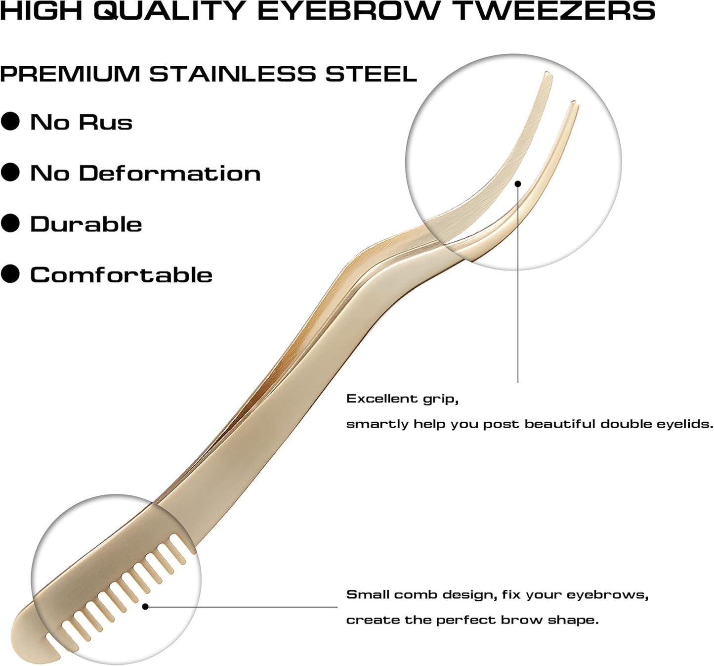 2 in 1 Lash Tweezer with Comb, Eyelash Extension, Stainless Steel Elbow Tweezers, Precise Eyebrow Tweezers Tool, Lashes Tweezer Applicator for DIY Applying False Eyelashes Clusters, Gold