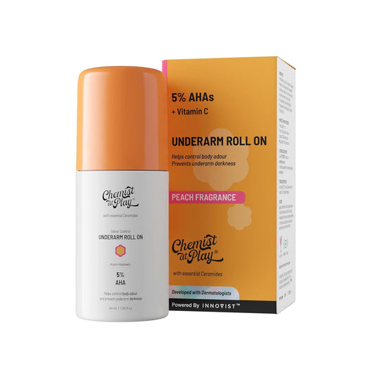 UnderArm Roll-On with 5% AHA| Lactic & Mandelic Acid|Prevents Odour, Brightens Skin & Exfoliates Underarm | For Sensitive Skin | Peach Fragrance | Alcohol & Aluminium Free | 1.35 fl oz
