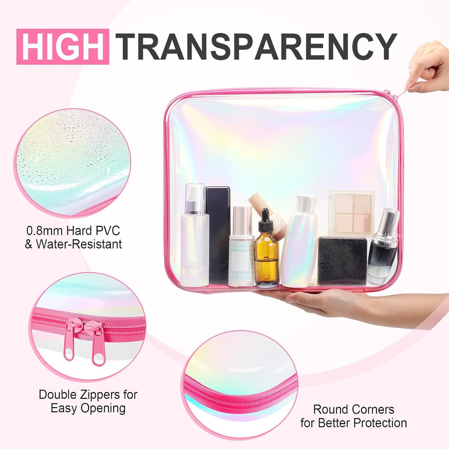 Hoolerry 3 Pcs Clear Hard Zipper Case Plastic Pouch Transparent Hard Case Clear Makeup Bag Portable Travel Organizer Bin for Cosmetics, Building Blocks, Puzzles(Laser,L)