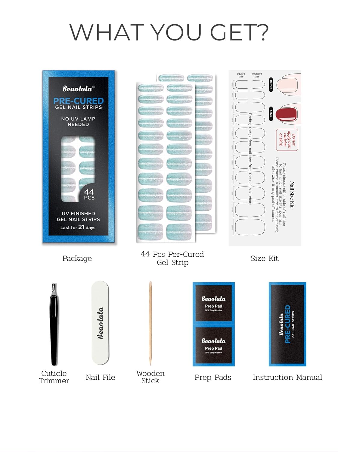 Pre Cured Gel Nail Strips - 44PCS Salon Quality Gel Nail Stickers - Long Lasting Polish Wraps for Women no UV Light Needed Easy Apply& Remove (Fairy Dust Green）