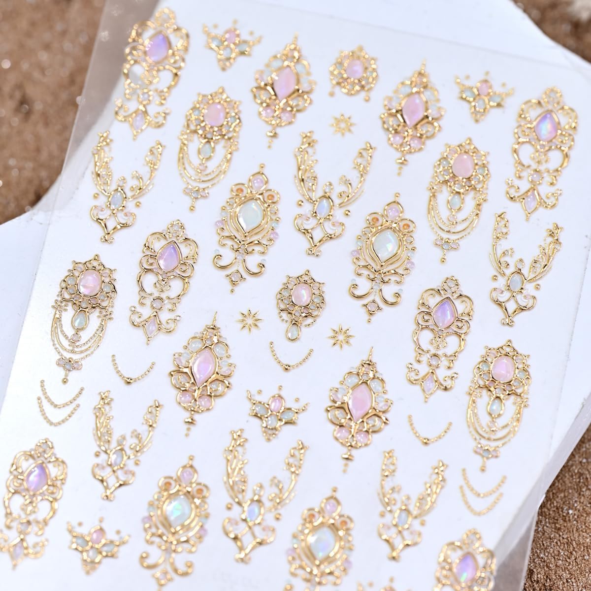 Gold Nail Stickers for Nail Art Gemstone Nail Decals with Golden Filigree Design,Luxury Baroque-Style Stickers for Nails 3D Self Adhesive Nail Art Supplies & Decorations for Women Girls 1 Sheet