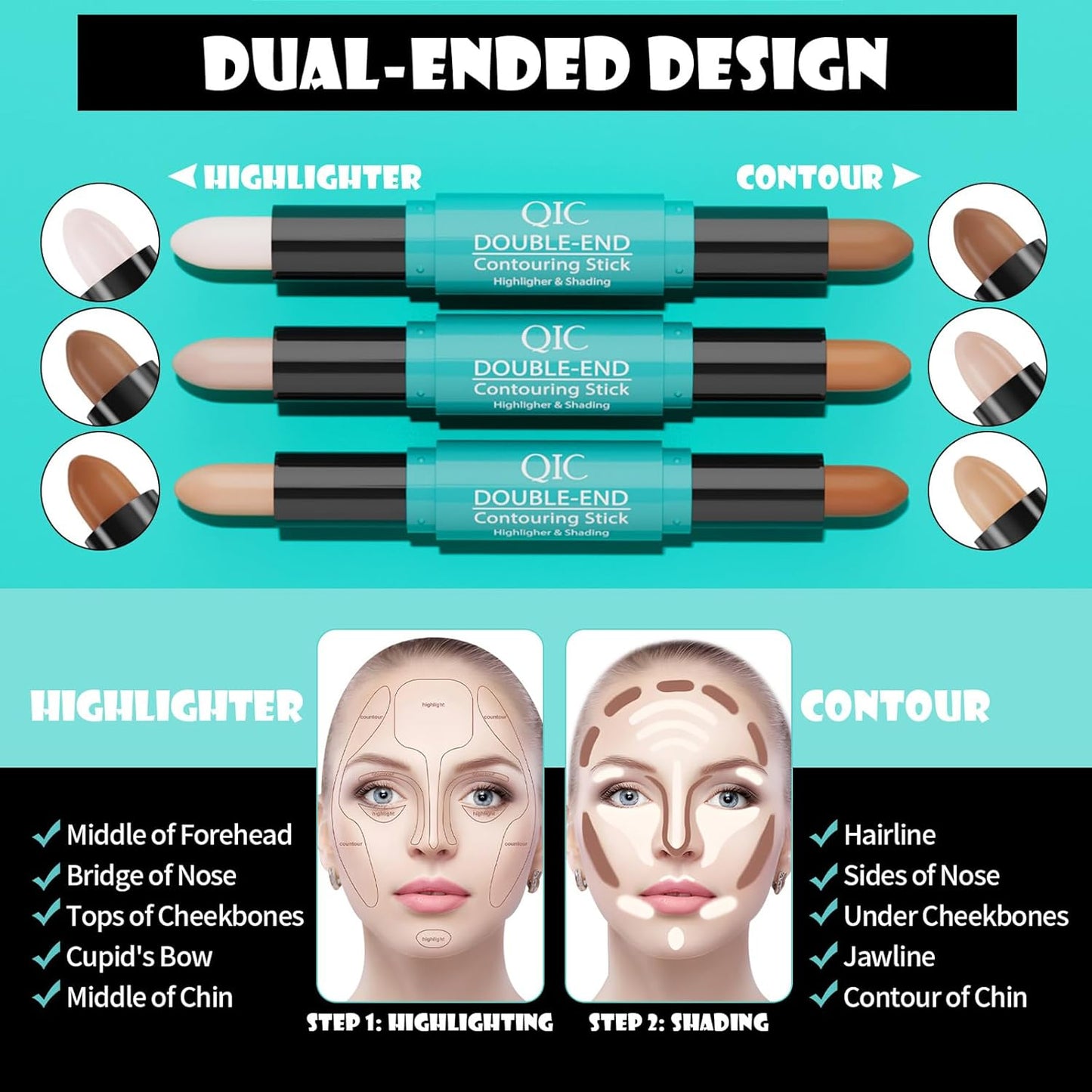MEICOLY 2-in-1 Highlighter Contour Stick,Cool Toned Contour Stick,Makeup Highlighter Stick,Long Lasting Waterproof Bronzer Contour Pencil,Travel Cream Face Shaping Stick,01