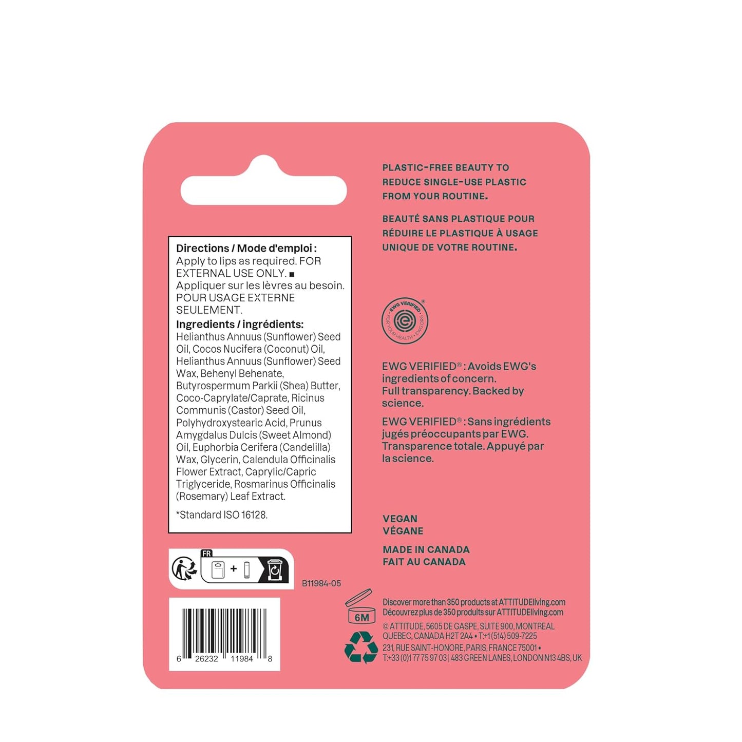 ATTITUDE Lip Balm, Natural Origin, Nourishes & Protects, Shea Butter, Coconut & Castor Oils, EWG Verified, For Dry Lips, Men and Women, Vegan, Watermelon, 0.3 Oz