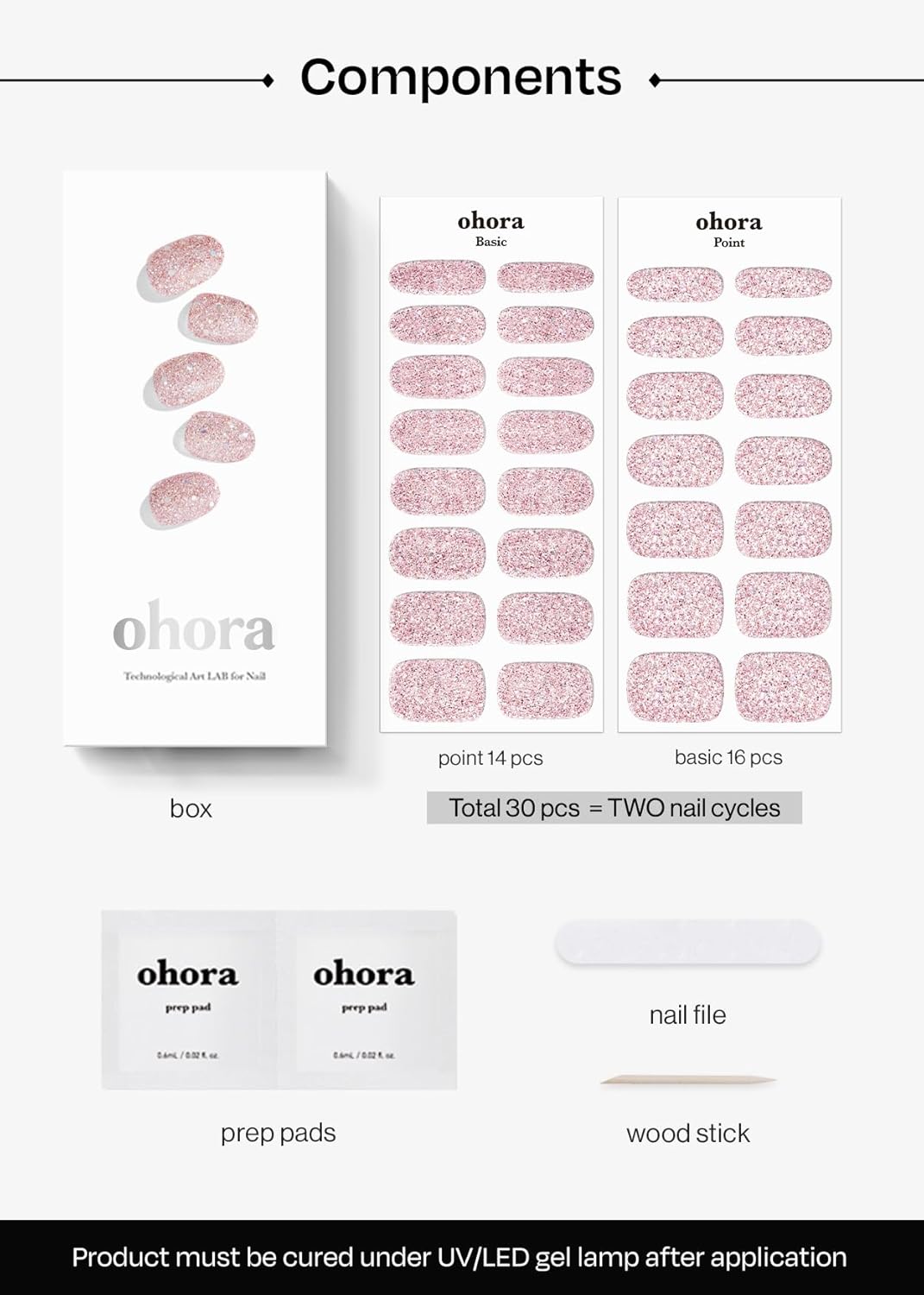 ohora Semi Cured Gel Nail Strips (N Pixie Dust) - Nude, Glitter, Works with Any UV/LED Lamps, Salon-Quality, Long Lasting, Easy to Apply & Remove - Includes 2 Prep Pads, Nail File & Wooden Stick