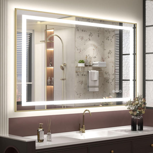 OKPAL 48x32 Gold LED Mirror for Bathroom with Frontlit & Backlit, Metal Framed Lighted Bathroom Mirror with Lights, Anti-Fog, Dimmable 3 Colors, Shatterproof, Horizontal/Vertical