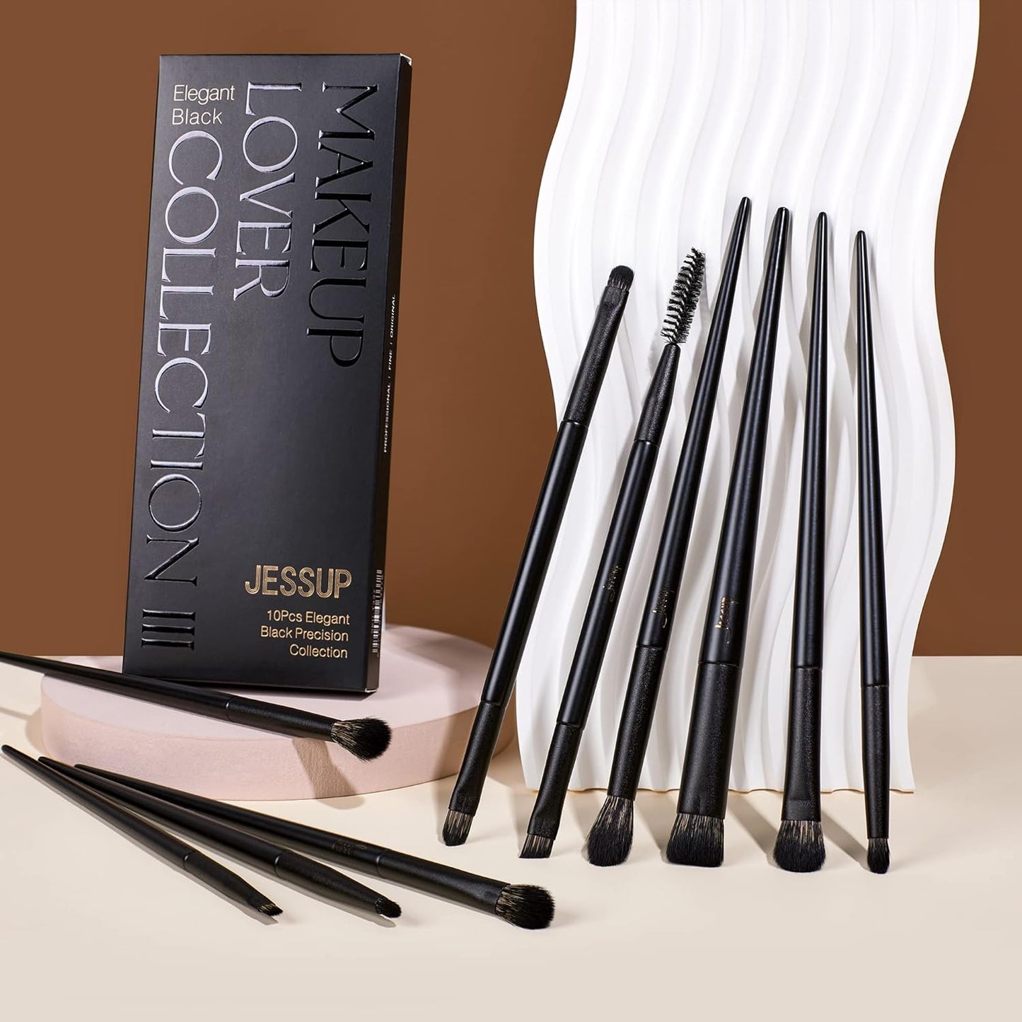 Jessup Eyeshadow Brush Set, 10Pcs Eye Makeup Brushes Professional for Blending Eye Shadow Liner Crease, Duo-end Brow Brush, Elegant Black T337