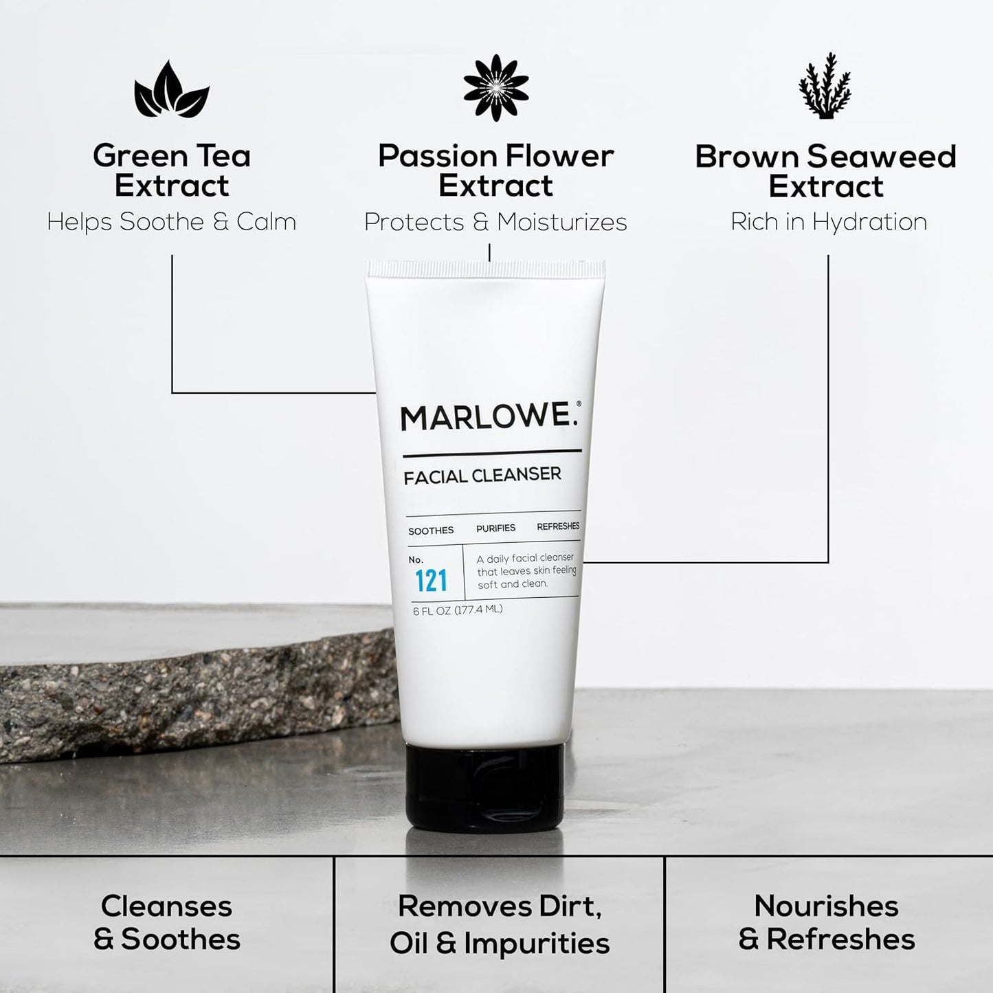 MARLOWE. No. 121 Facial Cleanser 6 oz, Daily Mens Face Wash with Natural Extracts & Antioxidants, Soothes, Purifies, Refreshes, Thick Lather, Fresh Woodsy Scent