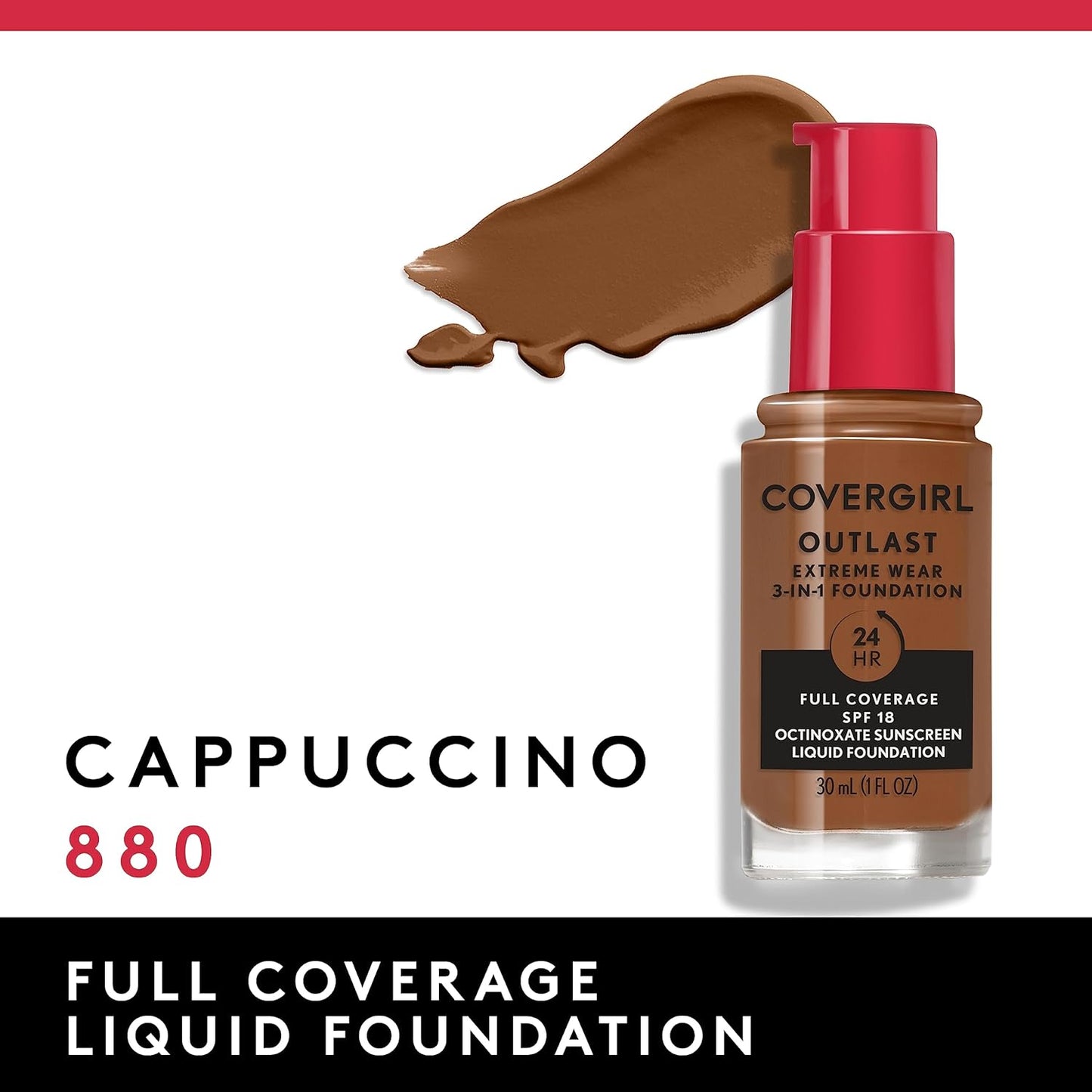 Covergirl Outlast Extreme Wear 3-in-1 Full Coverage Liquid Foundation, SPF 18 Sunscreen, Cappuccino, 1 Fl. Oz.