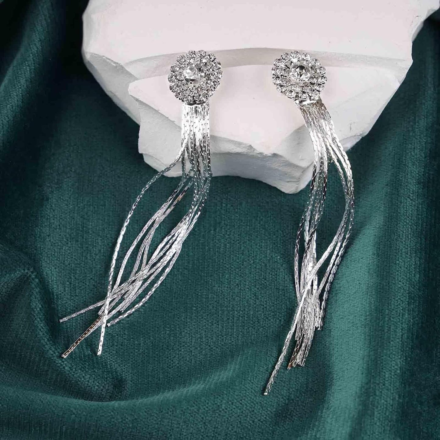 Vintage Crystal Chandelier Dangle Earrings Rhinestone Tassel Chain Earrings Wedding Chandelier Earrings Silver Full Cz Chain Earrings Jewelry for Women