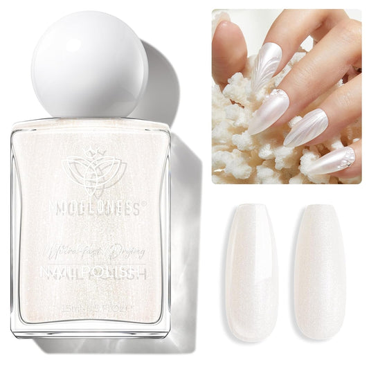 modelones Pearl White Nail Polish, Shimmer Glitter White 15 ml Quick Dry Nail Lacquer Strengthener Long Last Shine Fingernail Toe Nail Art DIY Home Travel Manicure Gift for Women Girls 0.5 Fl Oz