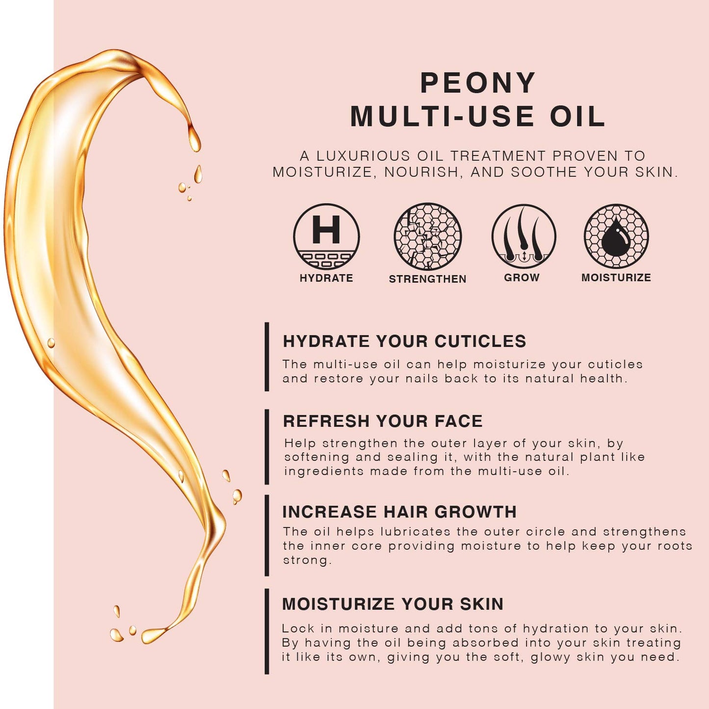 Peony Multi-Use Oil for Face, Body and Hair - Organic Blend of Apricot, Vitamin E Sweet Almond Oil for Dry Skin, Rose Petals & Bergamot Essential Oil - 4 Fl Oz