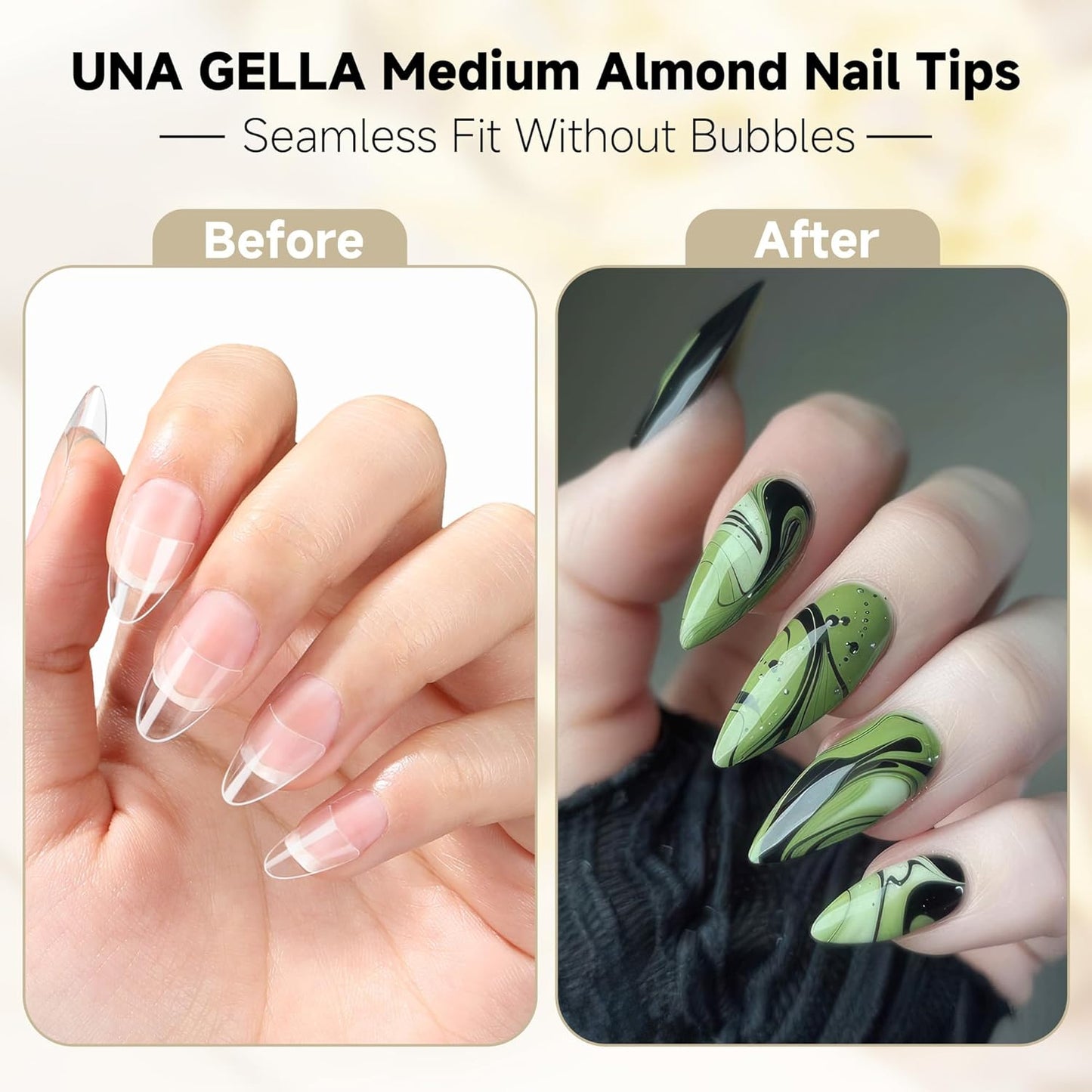 UNA GELLA Almond Nail Tips, 312PCS Half Cover Almond Shape Nail Tips Soft Gel Tips 12 Sizes Pre-shape Acrylic Clear False Nails with Handles for Press on Nails Extension DIY Home Salon