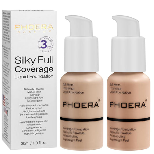 PHOERA Foundation, PHOERA Matte Liquid Foundation,PHOERA Makeup for Women, PHOERA Foundation Full Coverage Concealer, 30ml 24HR Matte Oil Control Concealer (102+103/ Nude+ Warm peach)