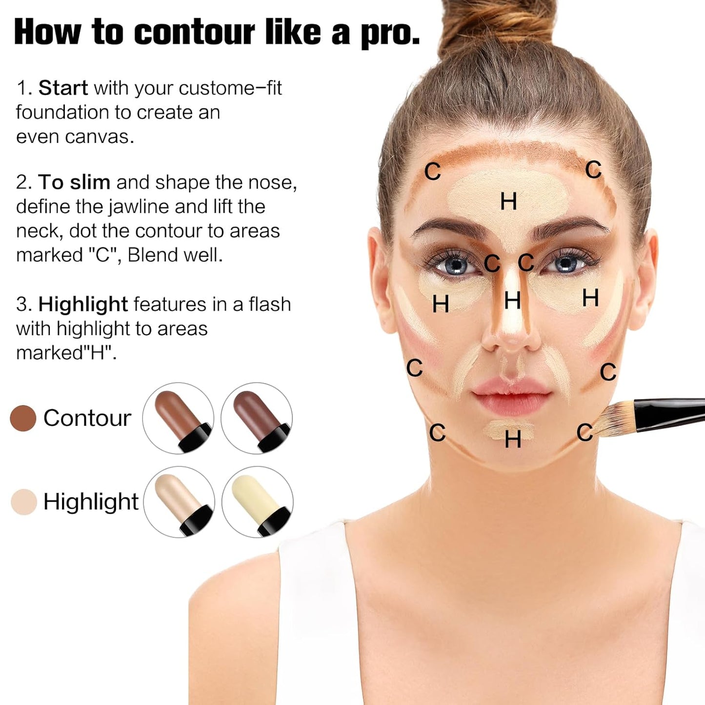 Contour Stick, 2Pcs Dual-Ended Highlighter Makeup Pen & Contouring Stick for Face Shaping, Long Lasting Waterproof Cream Bronzer & Highlight Sticks Make Up Kit for All Skin Tones (01# + 04#)