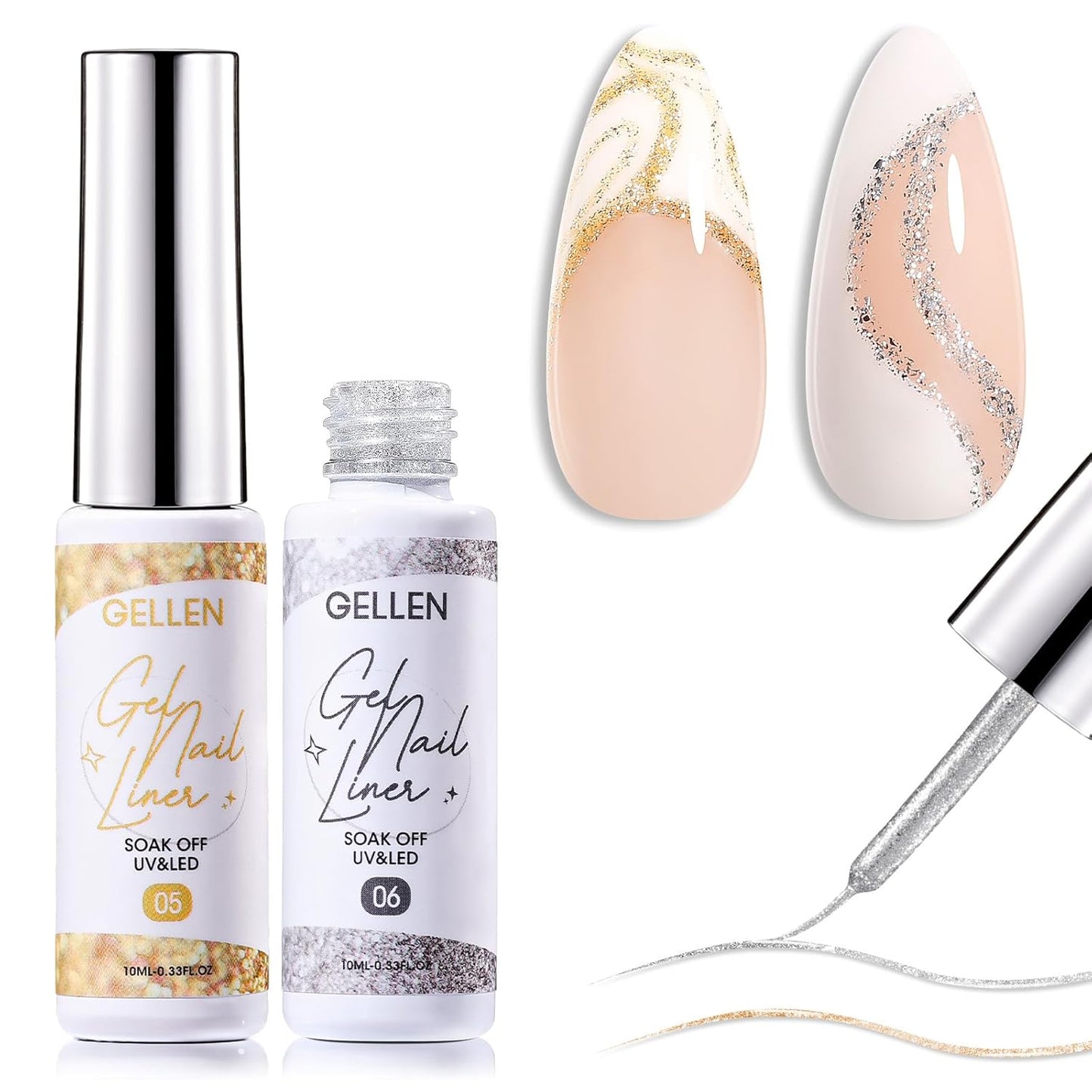 GELLEN Gold Silver Liner Gel Nail Polish, 2Pcs 10ml Soak off Uv Lamp Glitter Nail Art Polish Set with Built Thin Brush, Gel Art Paint for Sparkly Shiny Swirl Nails, Christmas Diy Gift for Women Girls