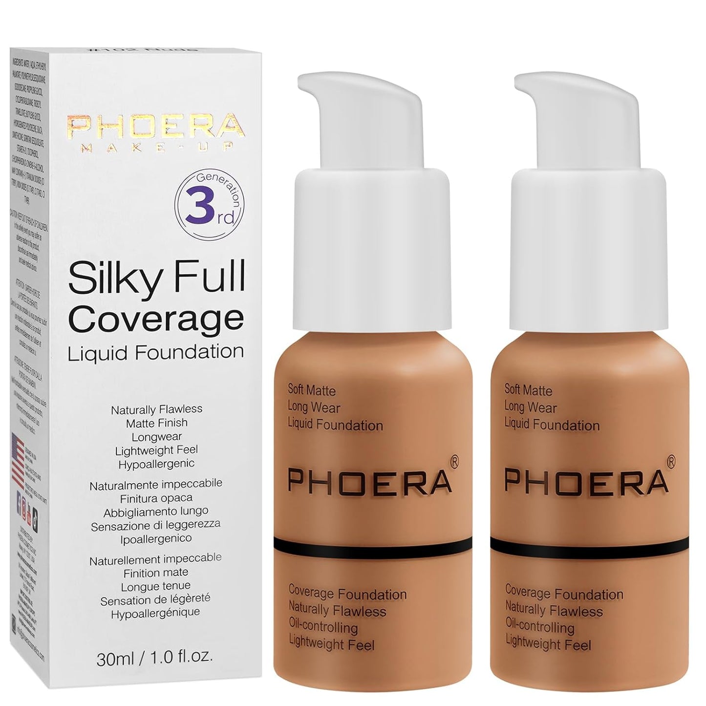 PHOERA Foundation, PHOERA Matte Liquid Foundation,PHOERA Makeup for Women, PHOERA Foundation Full Coverage Concealer, 30ml 24HR Matte Oil Control Concealer (108-Tan*2)