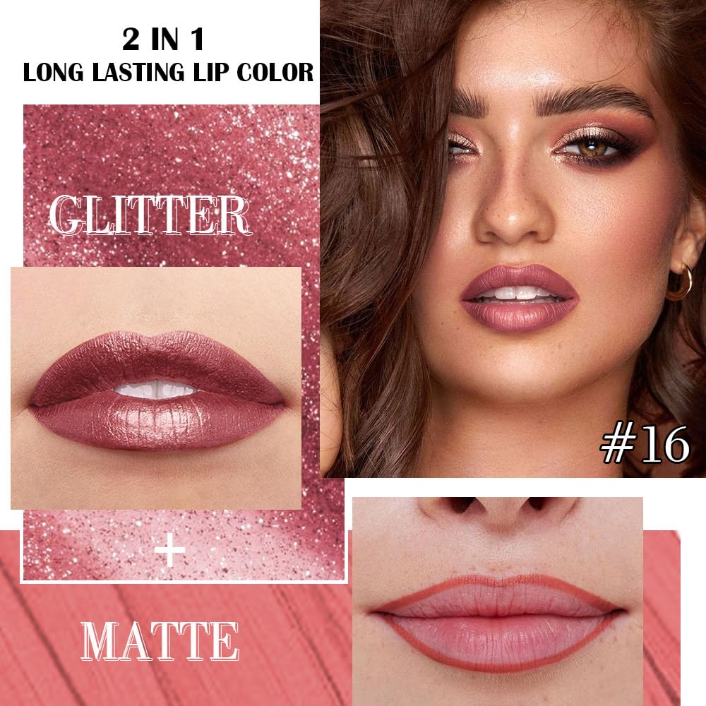 evpct Mauve Pink Metallic Glitter Lip Liner and Lipstick Combo Lip Gloss Stain Set Makeup for Women Long Lasting Waterproof 24, Dusty Rose Metallic Shimmer Frosted Iridescent Glossy Liquid Lipstick 16