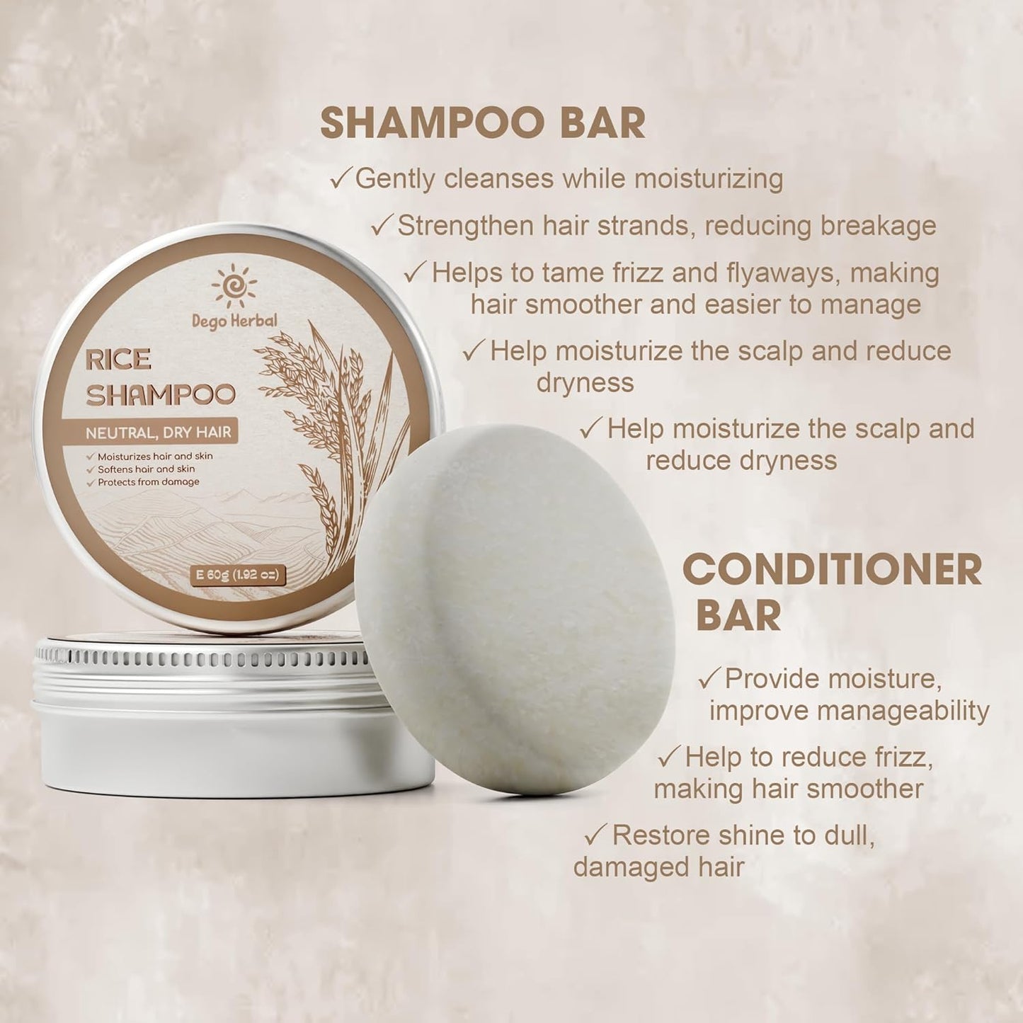 Rice Shampoo Bar Body Wash Bar for Neutral and Dry Hair 1.92 Oz Softens Hair and Skins, Protect for Damages