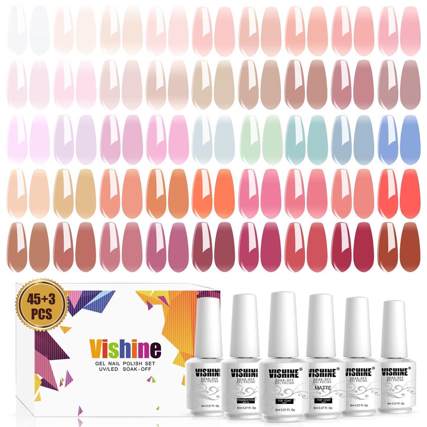 Vishine Gel Nail Polish Starter Kit with UV LED Nail Lamp, 45ColorSheer Milky Pink Jelly Nude Transparent Gel Polish, Top Coat, Base Coat & Matte Top Coat with Essential Nail Art Manicure Tools Set