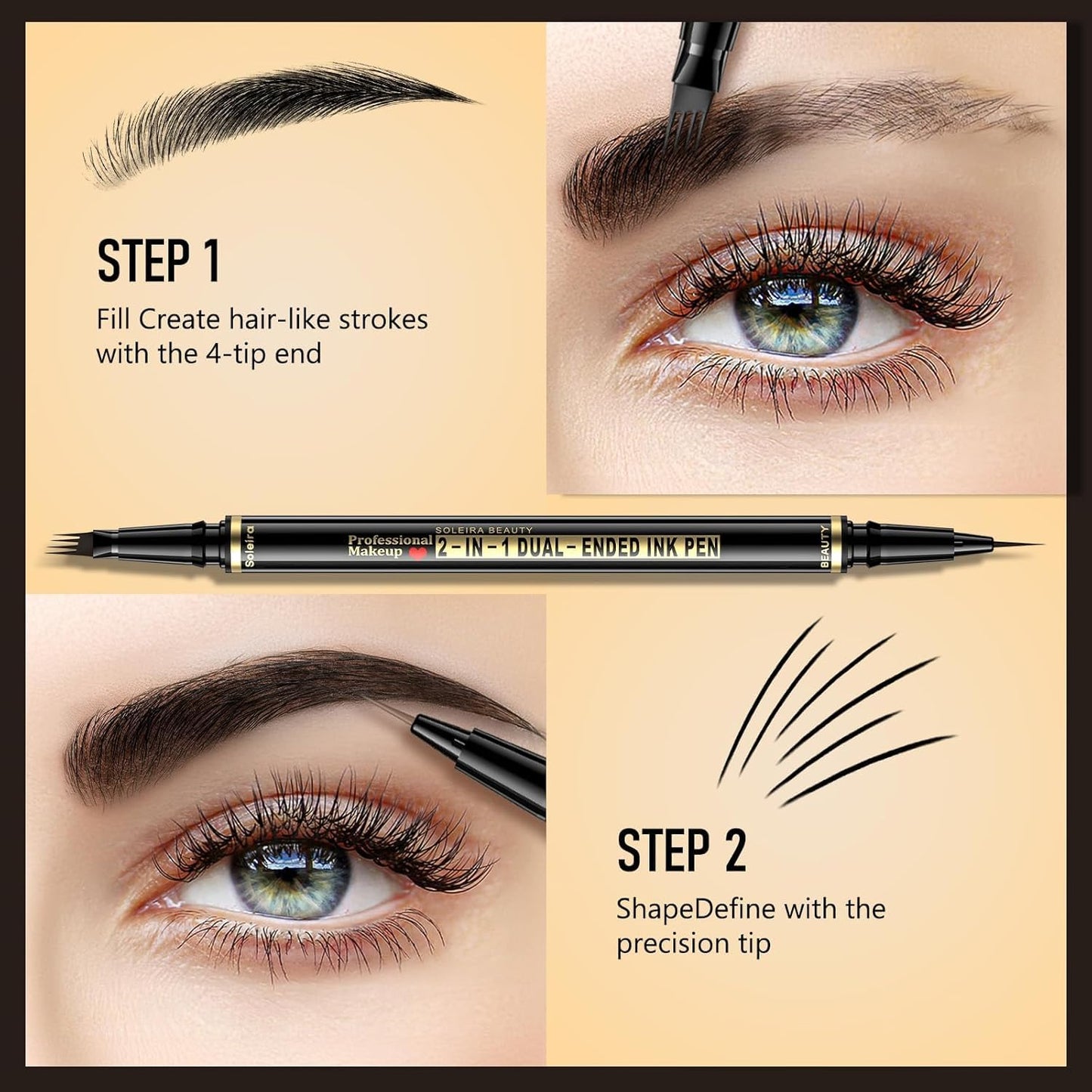 Waterproof Eyebrow Pencil with 4 Tip Microblading Pen and Dual-ended Brush, for Natural-Looking Brows, Long-Lasting, Black Brown