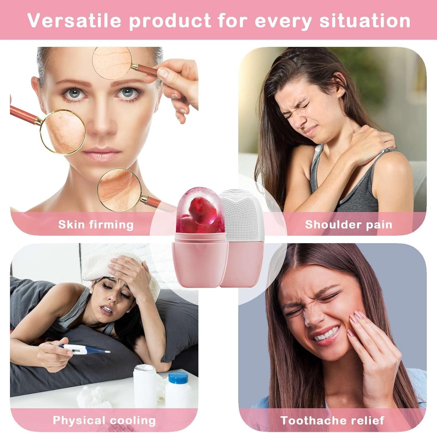 KOGITI Ice Mold for Face & Eye, Beauty Facial Roller, Puffiness Relief Massage Skin Care Tool, Ice Cube Holder (Brush-Pink White)