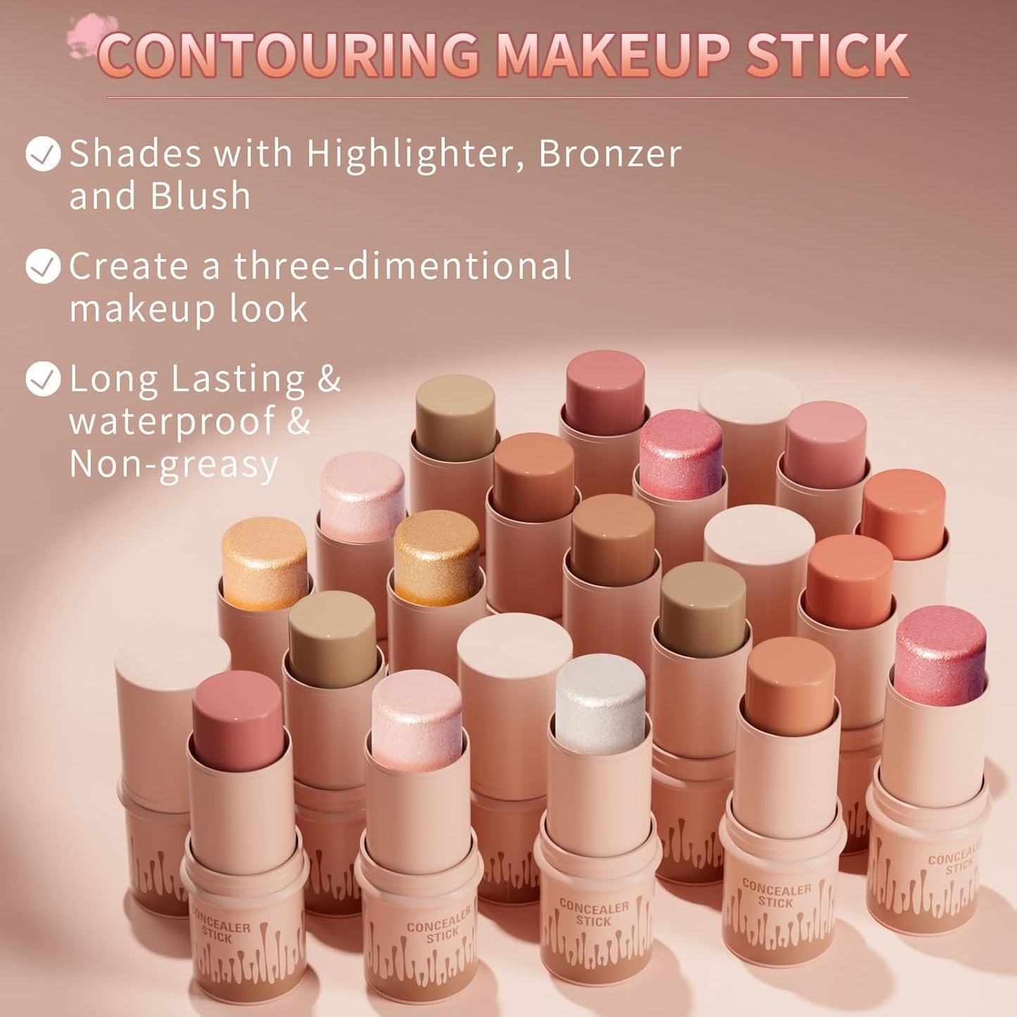 3pcs Face Contour Stick, Highlighter Stick Blush Stick Cream Contour Kit Makeup Set with Brush, Contouring Stick for Fair Skin, Concealer Stick Makeup Gift for Beginner Women Teen Girls