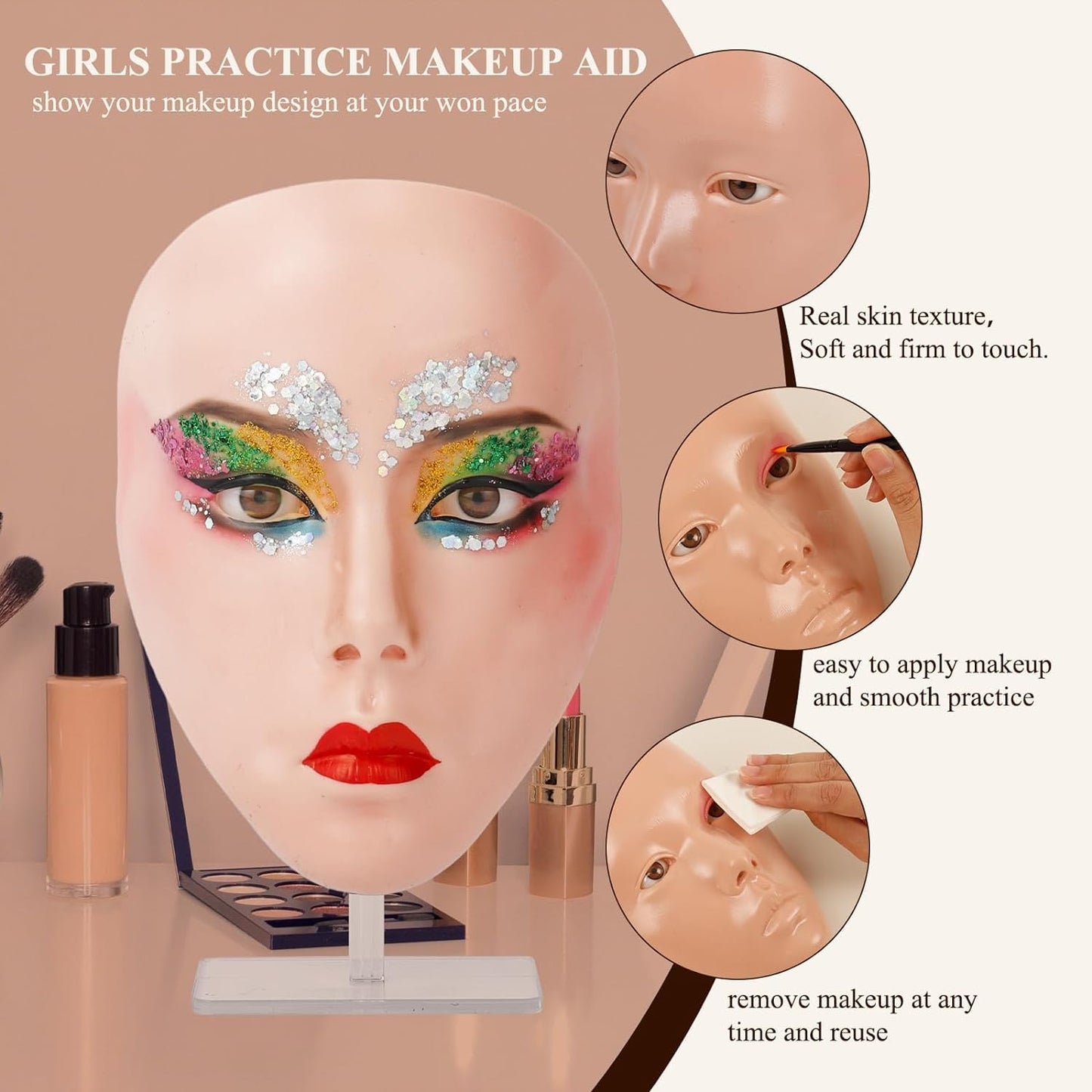 Practice Makeup Face, Face Painting Mannequin Head with Stand, 5D Reusable Silicone Makeup Face Practice, Mannequin Head for Makeup with Makeup Kit, Practice Face for Makeup Artist & Beginner, Pink