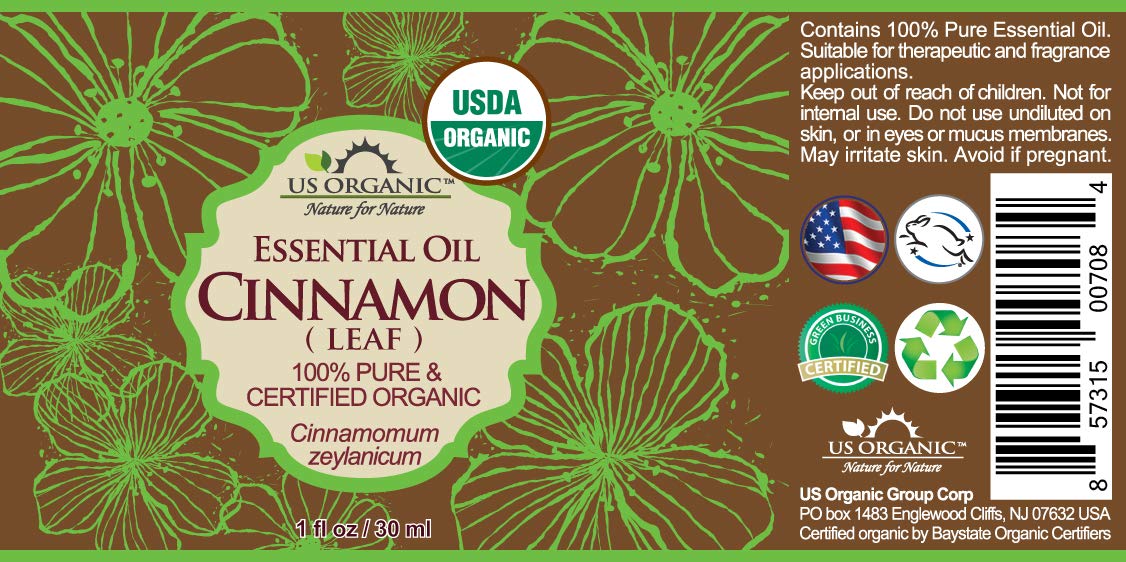 US Organic 100% Pure Cinnamon Leaf Essential Oil - USDA Certified Organic, Steam Distilled - W/Euro Dropper (More Size Variations Available) (30 ml / 1 fl oz)