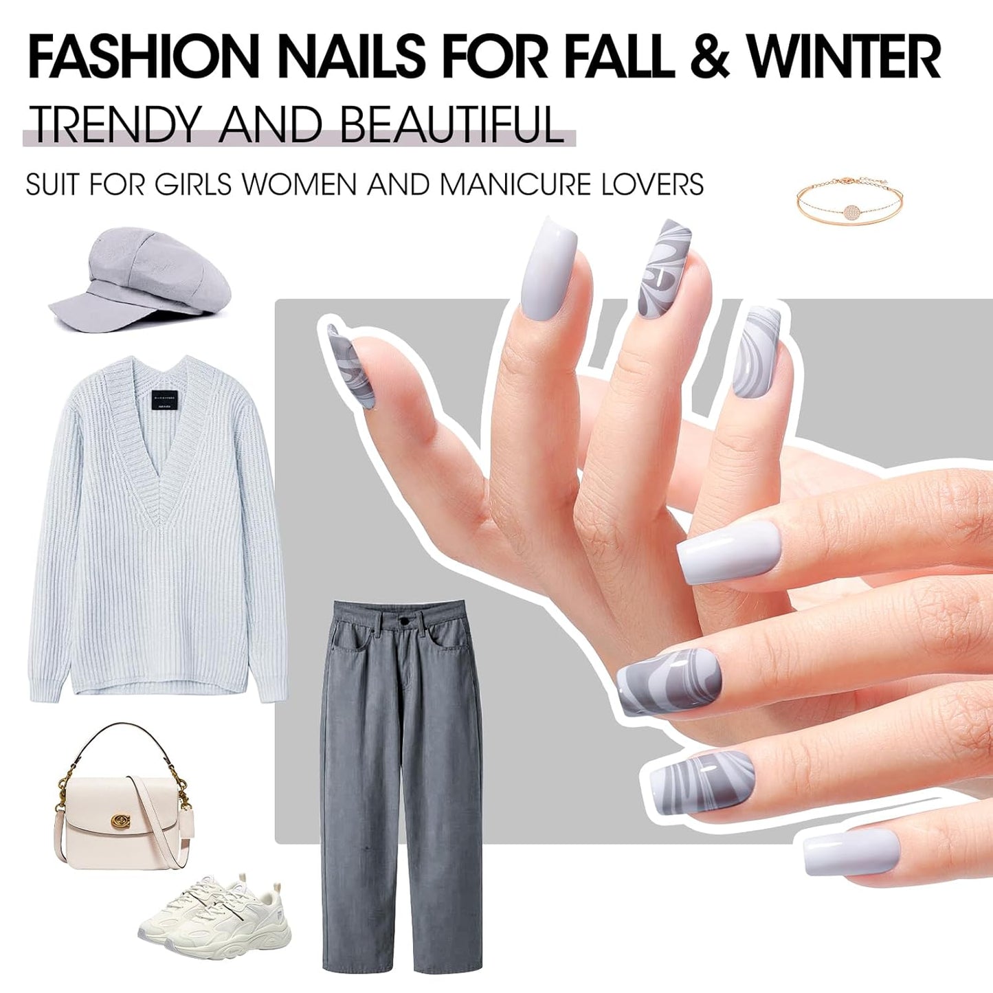 Gellen 4 Colors Black White Gray Nail Polish Set & Base Top Coat, Fall Winter Trendy Winter Black White Grey Regular Nail Polish Quick Air Dry Set for Women DIY Nails Home Salon, Hema Free, Toxin Free