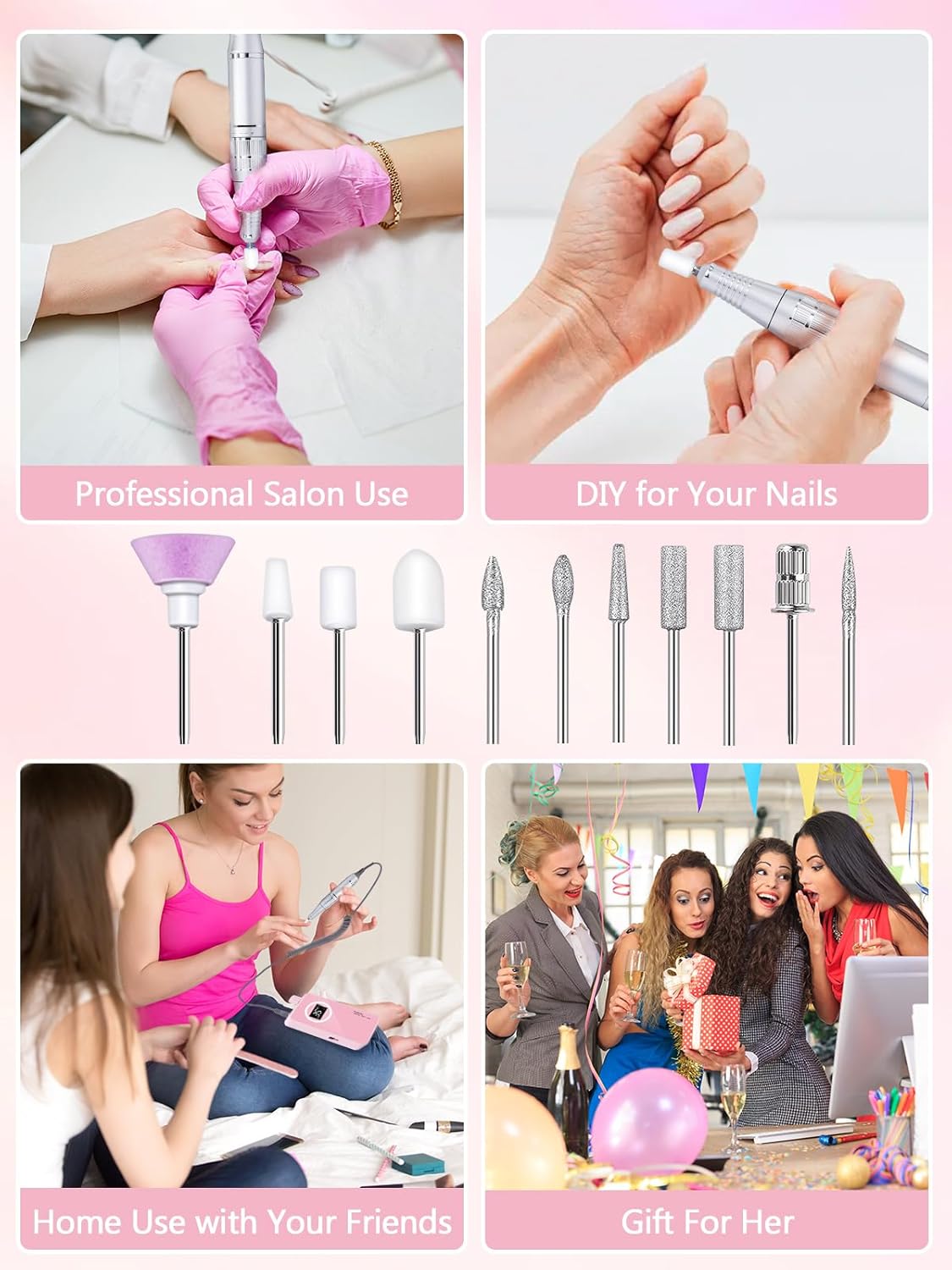 Nail Drill, Portable Electric Nail File 50000RPM, Rechargeable Nail Drill Professional with Bits for Acrylic Gel Nails, E-File Machine Manicure Polishing for Salon Home,Pink