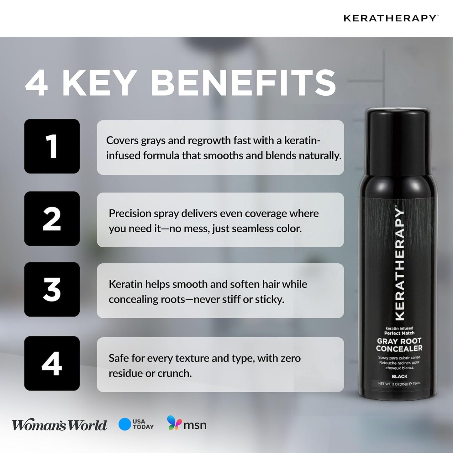Keratherapy Keratin Infused Perfect Match Gray Root Concealer Spray, Black, 3 oz, 118 ml - Root Cover Up Spray to Hide Gray Roots - Keratin Therapy Hair Darkening & Temporary Scalp Concealer
