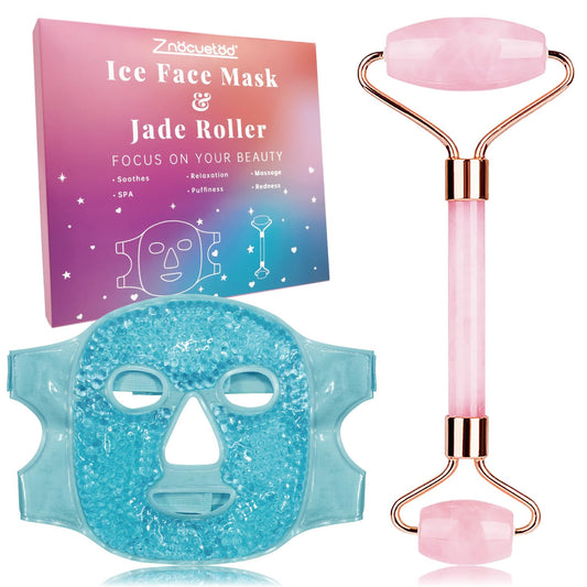 ZNÖCUETÖD Ice Face Roller Facial Jade Roller and Ice Face Mask Cold Cooling Gel Mask Gift Set for Women Face Aging Wrinkles Lifting Firming Puffy Eyes, Eye Face Neck Roller Massager SPA Tools