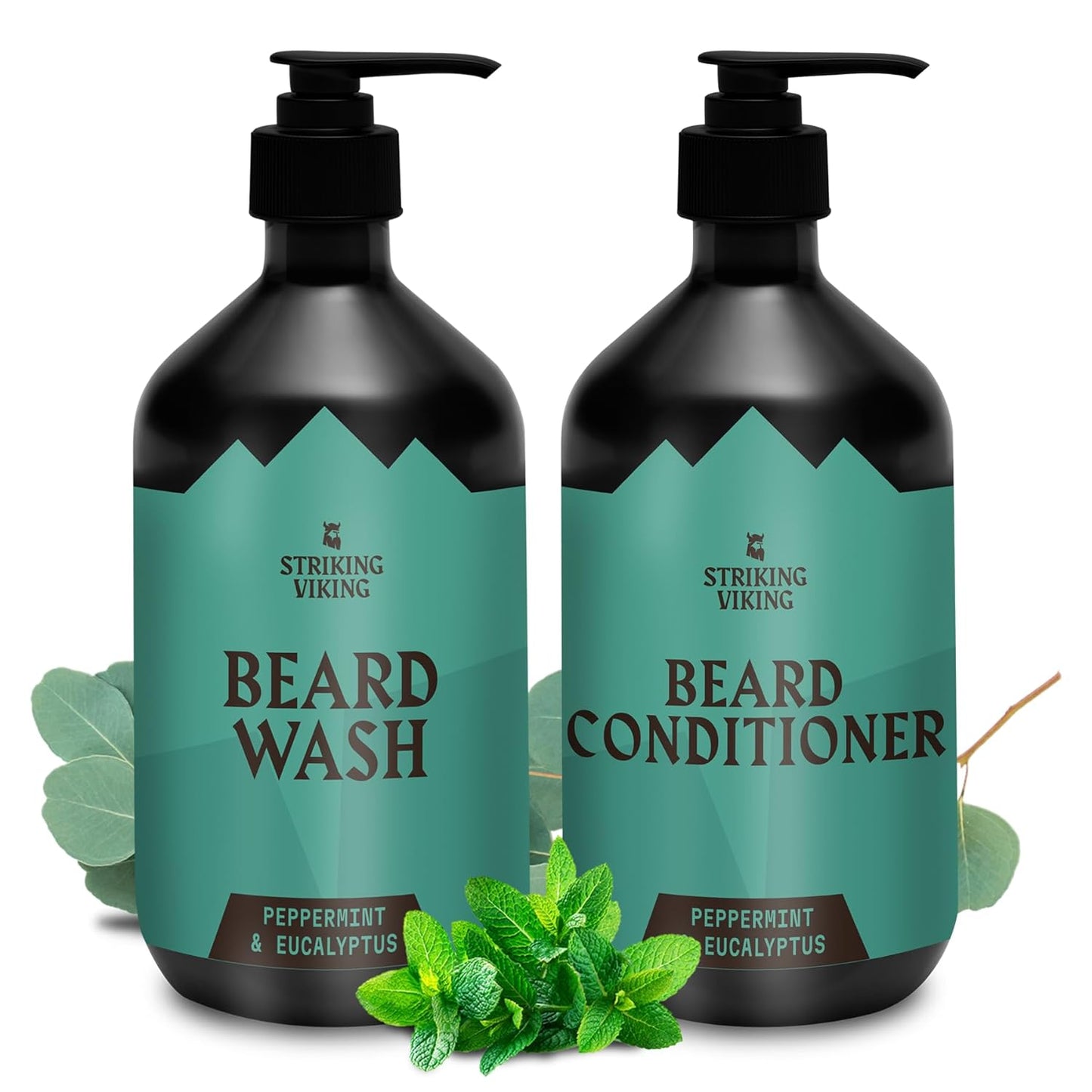 Striking Viking Beard Wash and Conditioner - 10 Fl Oz per Bottle, Peppermint & Eucalyptus - Paraben & Sulfate Free, with Jojoba Oil - Deep Clean Beard Shampoo & Conditioner - All Facial Hair Types