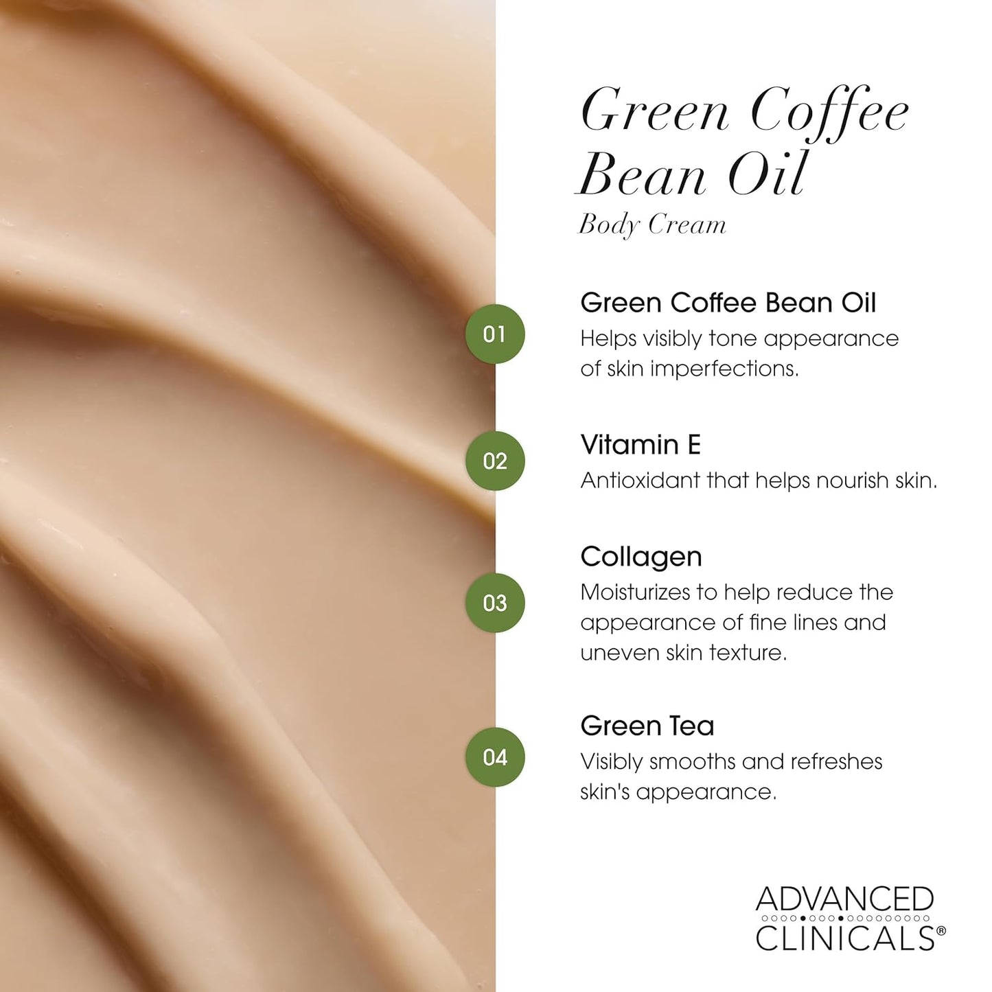 Advanced Clinicals Green Coffee Bean Thermo - Firming Body Lotion | Caffeine Infused Collagen Cream Moisturizer & Body Cream For Women, Stomach, Legs, & To Improve Look Of Textured Crepey Skin, 16 Oz