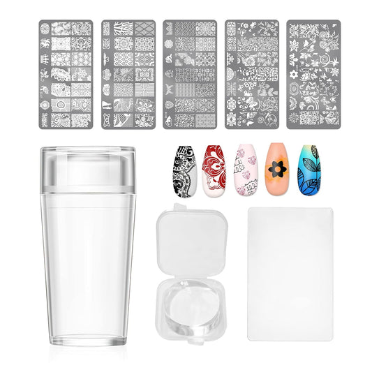 X&D Nail Art Stamper Clear Jelly Nail Art Stamping Transparent Silicone Rubber Nail Polish Stamper with Acrylic Scraper, Spare heads, Stainless Steel Plate Kit for French Tips and Transfer Images B