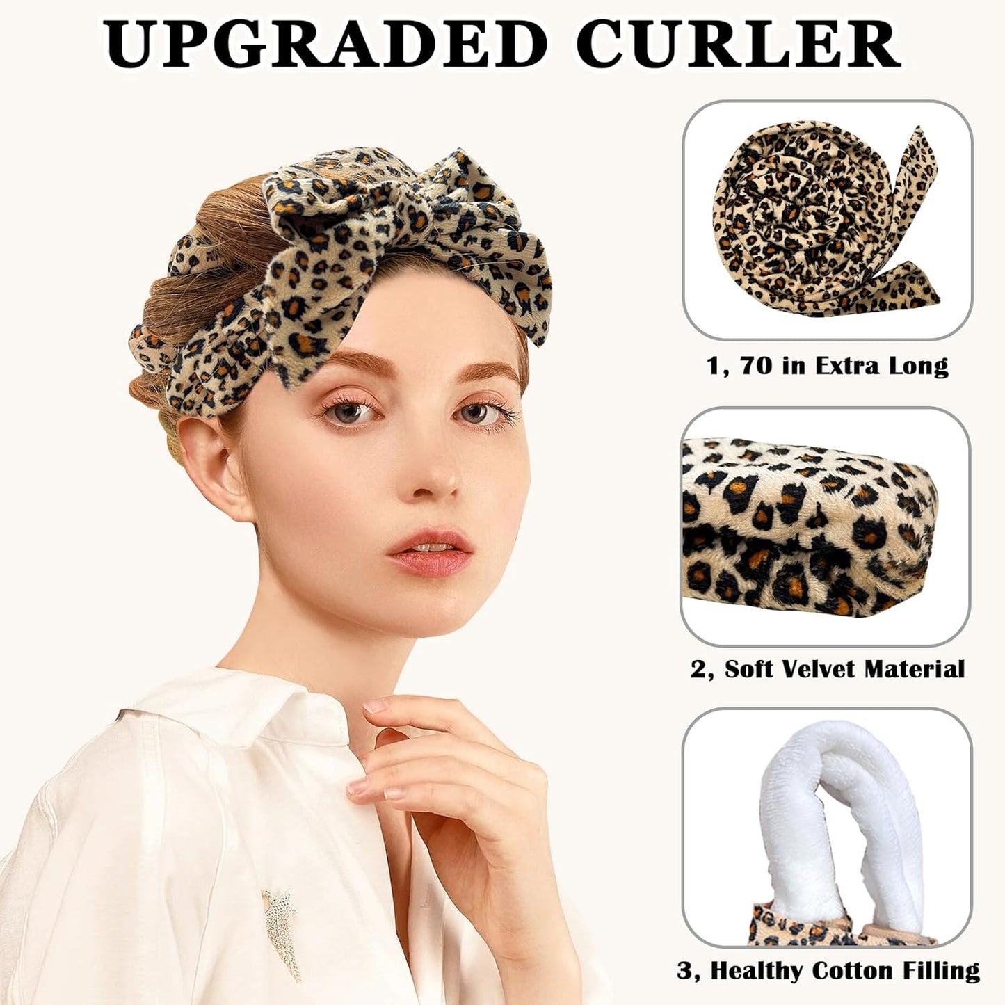 No Heat Overnight Curl Headband - 70" Soft Ribbon Wrap for Long Hair, 9 PCS Curling Rods Set - Leopard Print Curls Headband