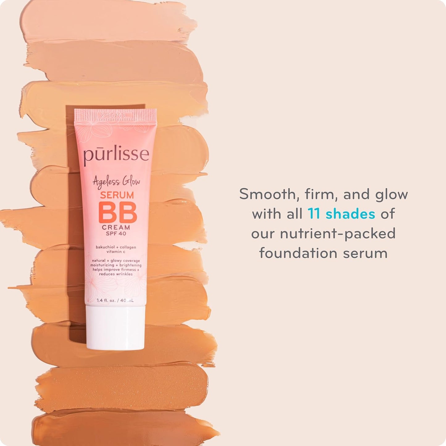 pūrlisse Ageless Glow Serum BB Cream SPF 40 - Glow BB Cream with SPF Enriched with Bakuchiol & Vitamin C to Help Improve Firmness & Reduce Wrinkles for Dewy Skin - Tan (1.4 oz)