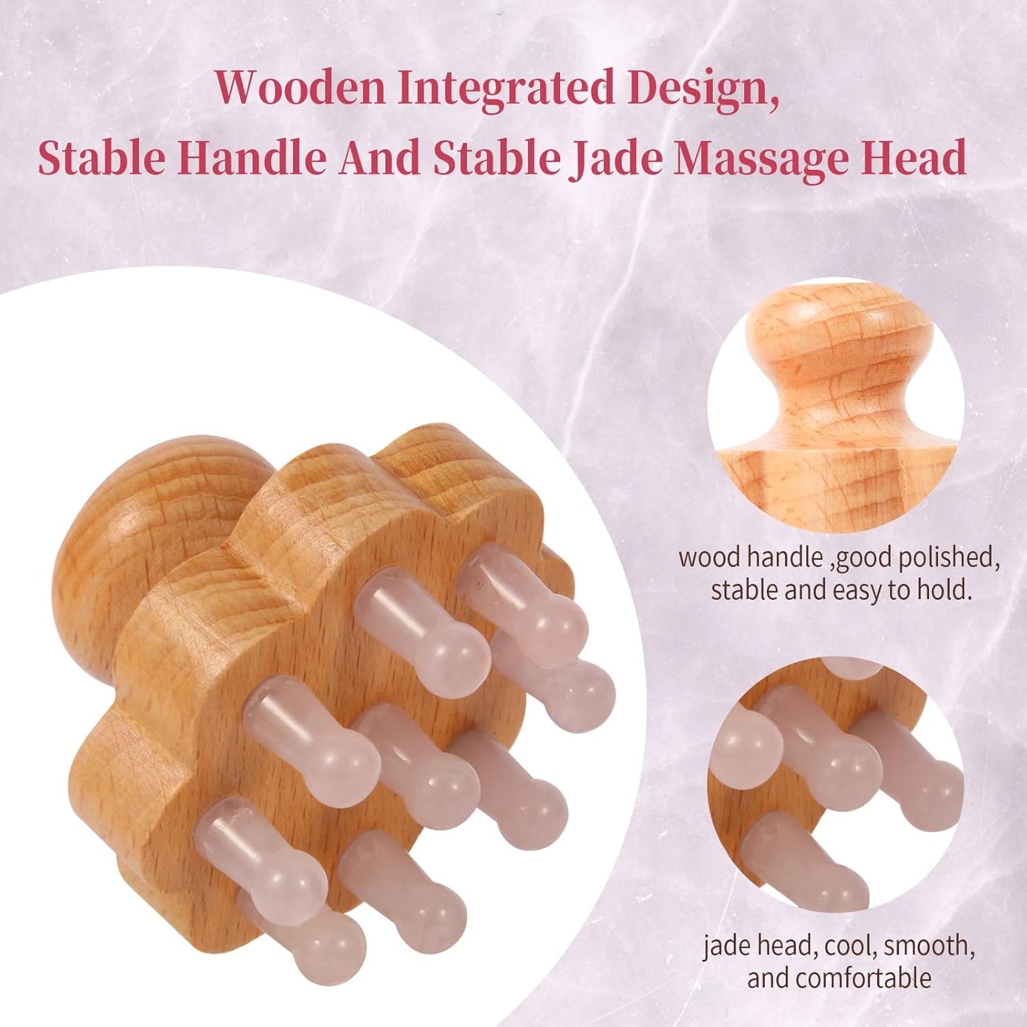 Natual Jade Massage Head, with Wooden Hander Comb,for Scalp Massager, Head Ficial, Body Acupressure Tool,gua sha Scraping, Relieve Fatigue,Stress Relax Device,for Hair Growth (Pink)