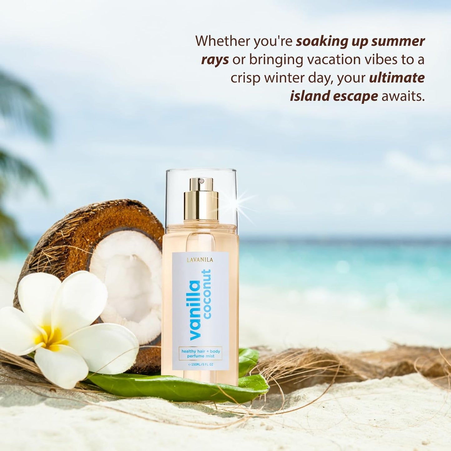 LAVANILA Vanilla Coconut Healthy Hair + Body Perfume Mist, 5 Fl Oz - Sweet & Tropical Fragrance Spray Formulated with Jojoba Oil, Madagascar Vanilla, Coconut, Tahitian Tiare Flower
