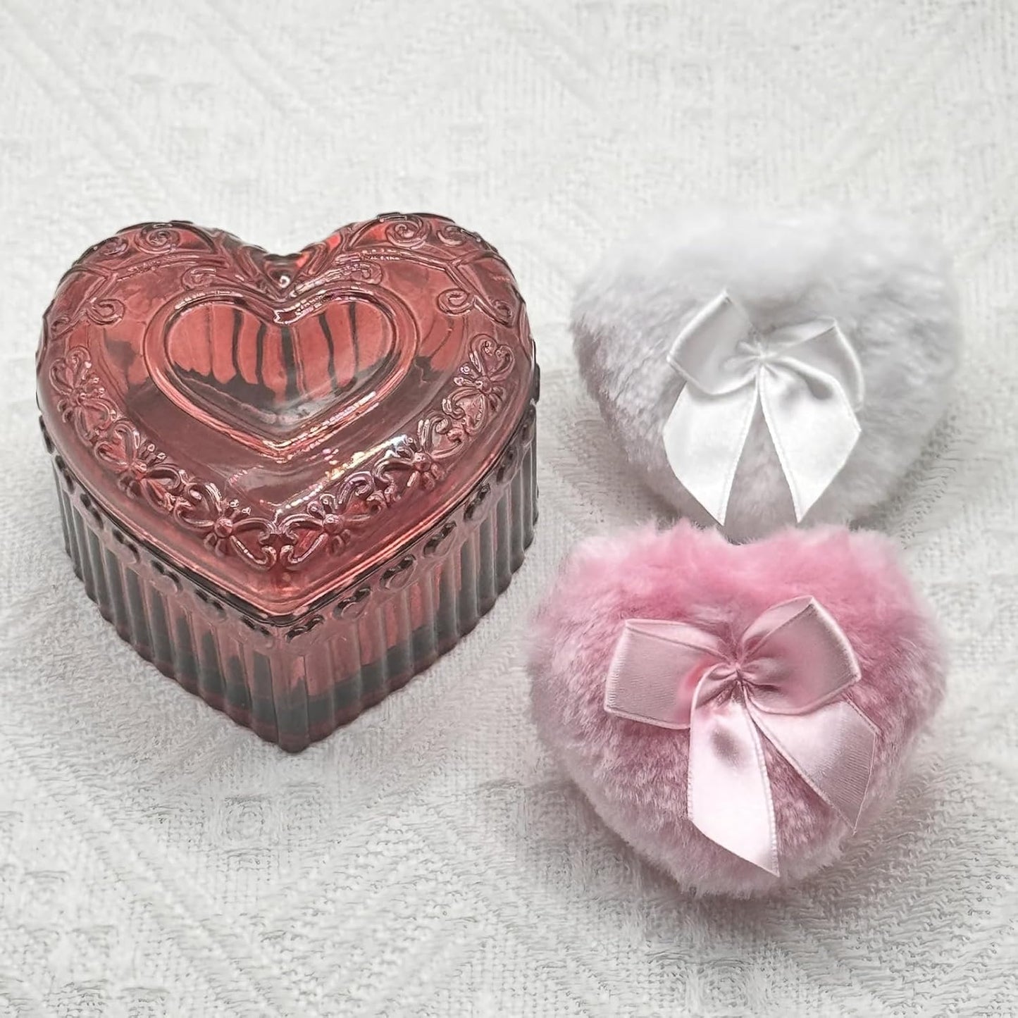 Body Powder Puff and Container - Glass Heart Dusting Powder Container with 2 Soft Puffs Vintage Powder Puff Case for Women & Girls-GRB007-Red