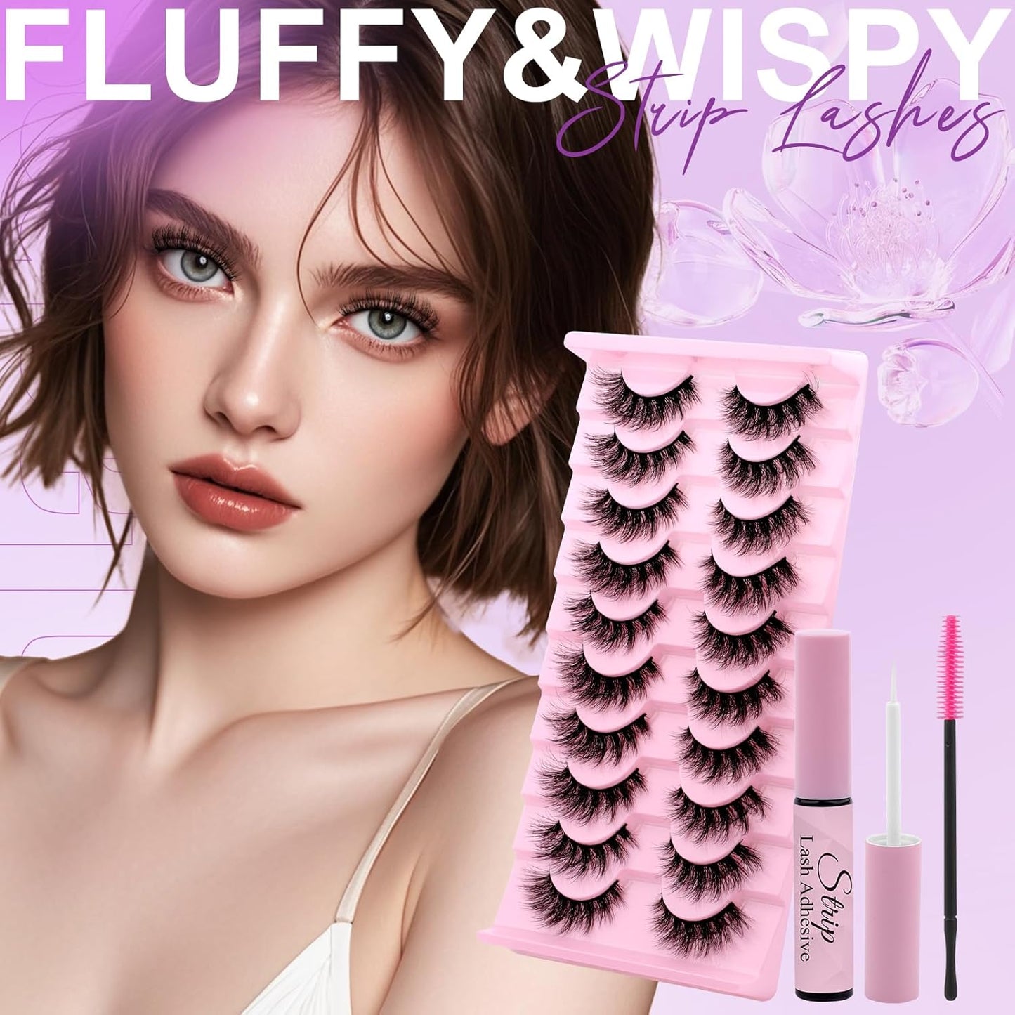 Strip Lash with Glue for DIY Lash-users: 10 Pairs, DIY, Natural Look, Fluffy, Manga, Wispy, Waterproof, Anime, Cat Eye, D Curl, XH42-08